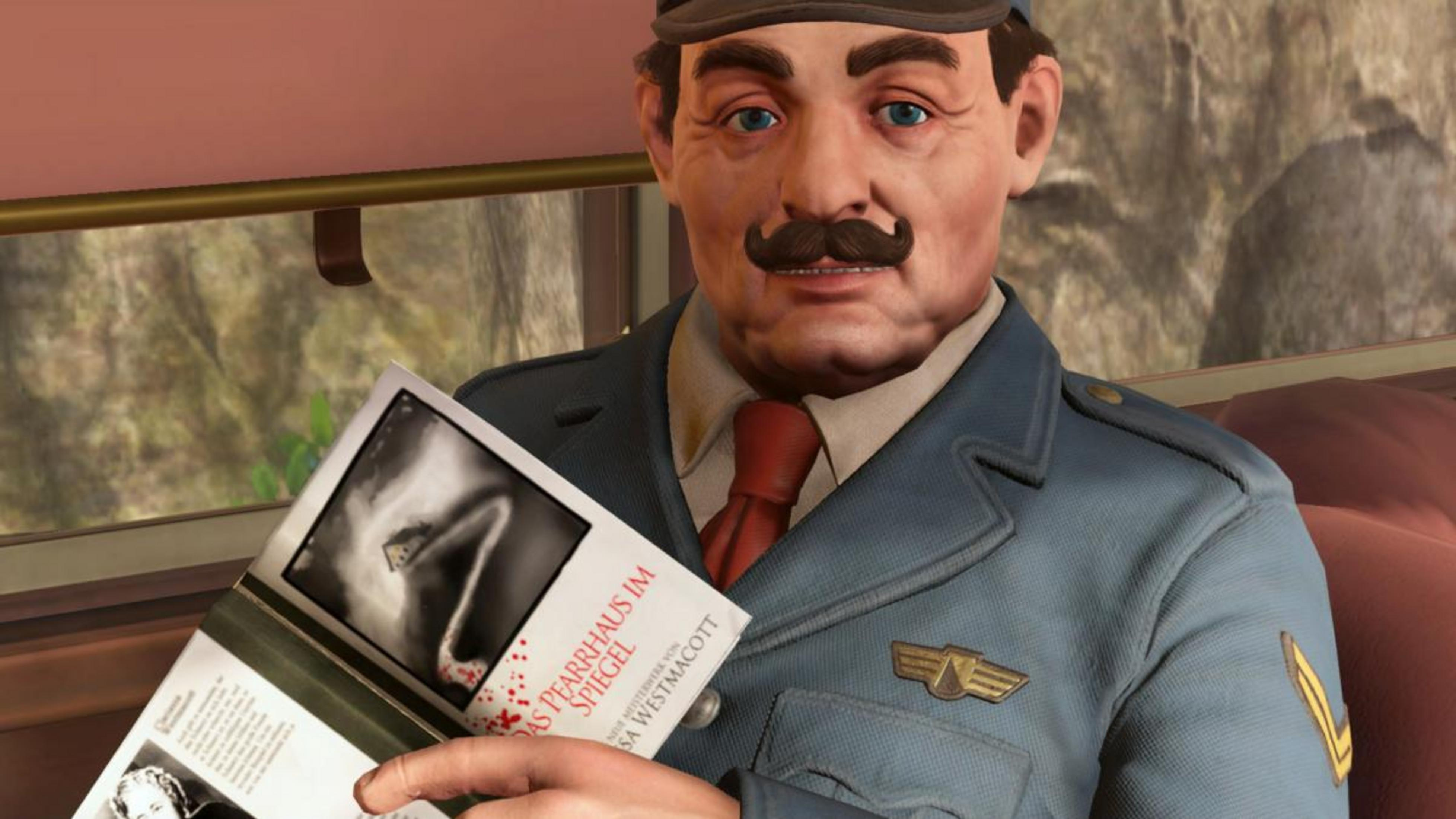 Mann in blauer Uniform hält ein Buch mit dem Titel "Das Pfarrhaus im Spiegel".
