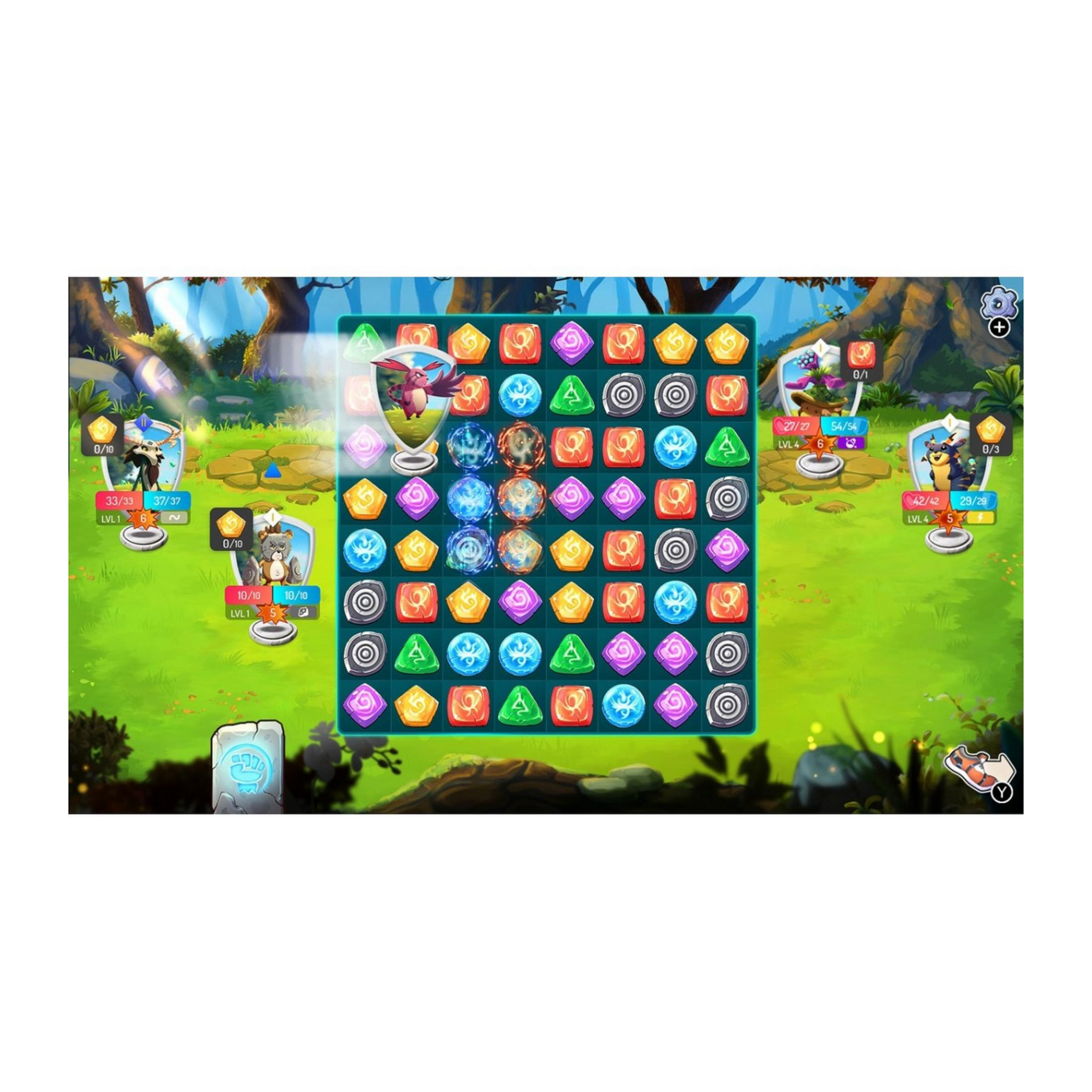 Ein bunter Edelstein-Puzzle-Spielbildschirm mit Kreaturen und Punktzahlen.