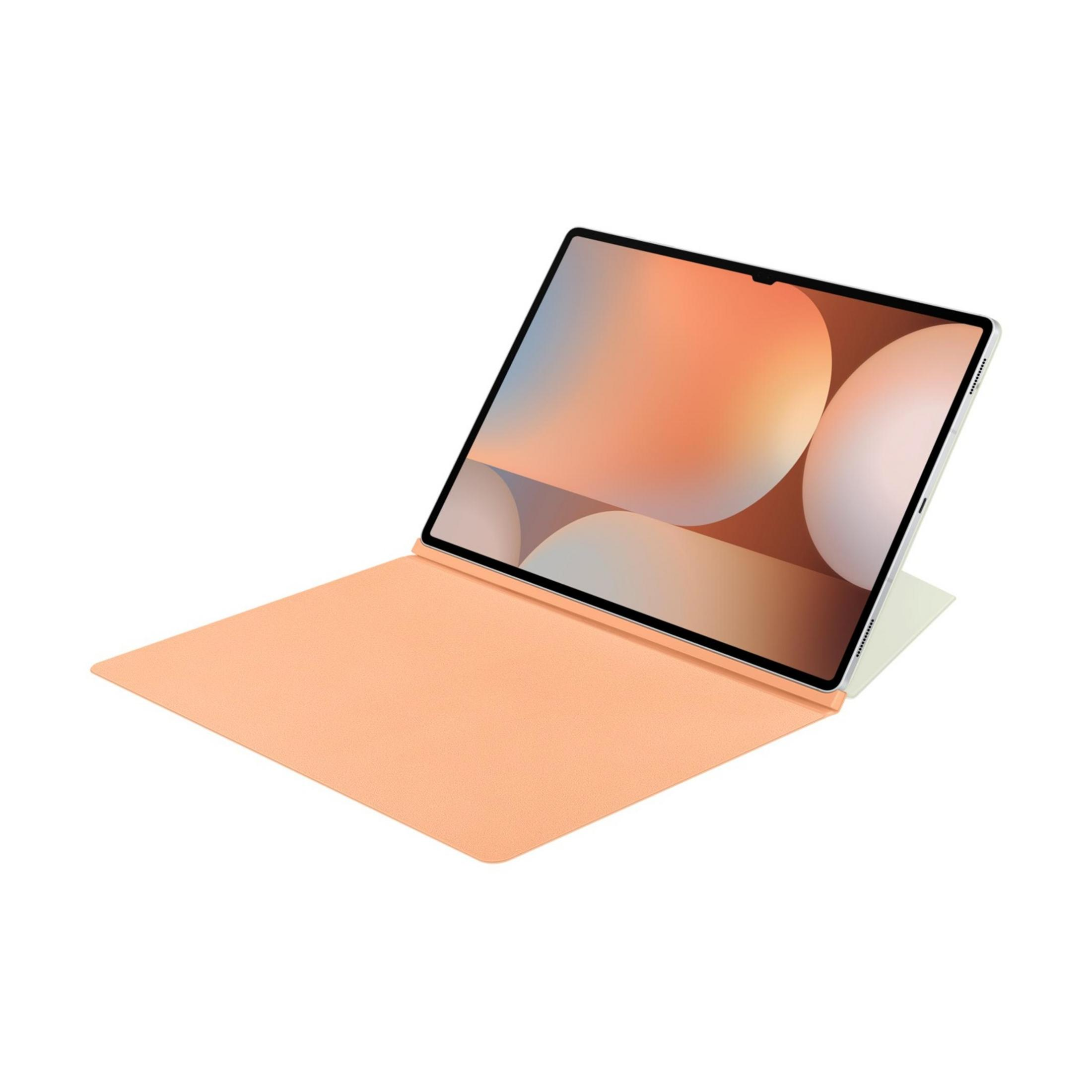 Een open tablet met een licht perzikkleurige hoes die als standaard dient.