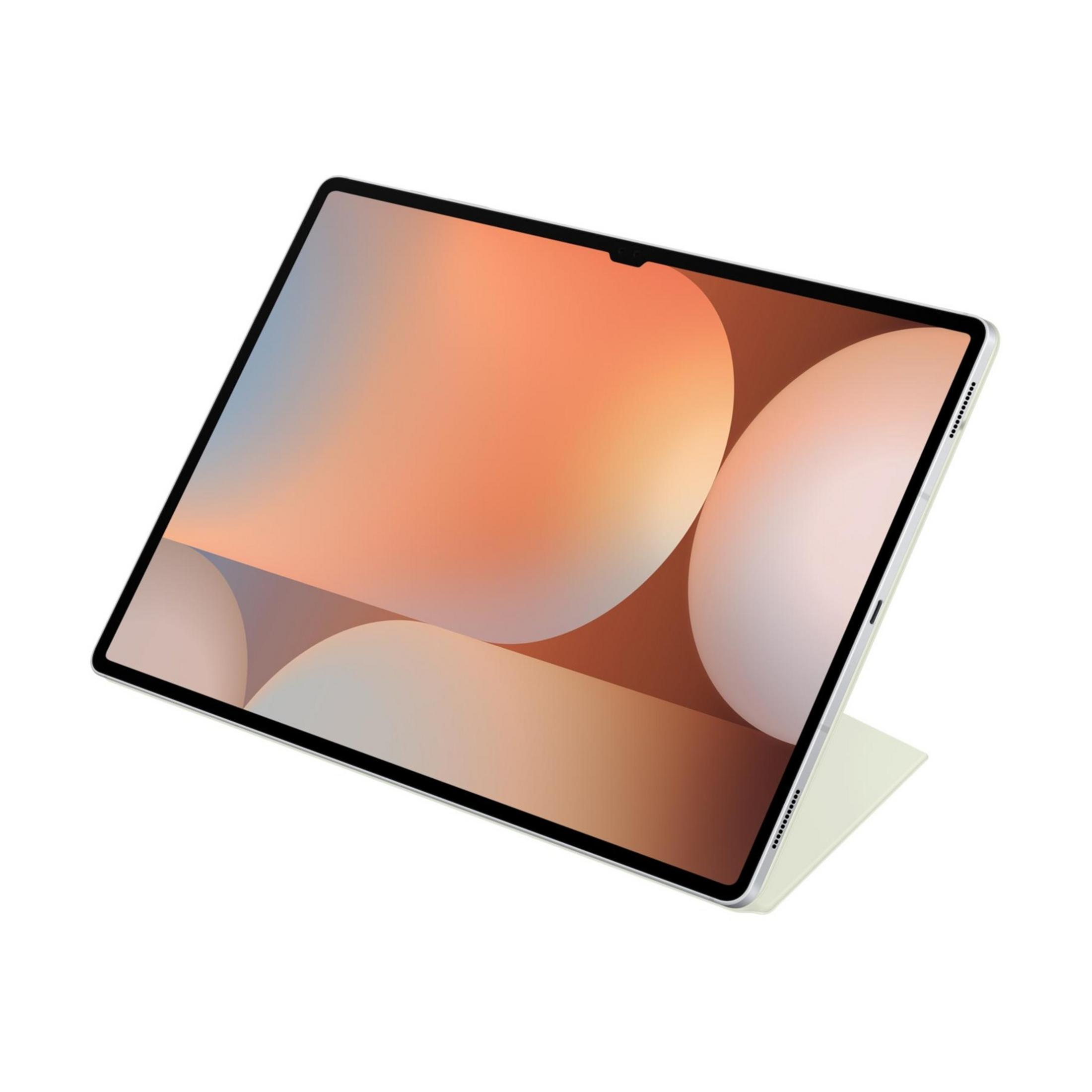 Een witte tablet met abstracte achtergrond op het scherm en een lichtgroene hoes.