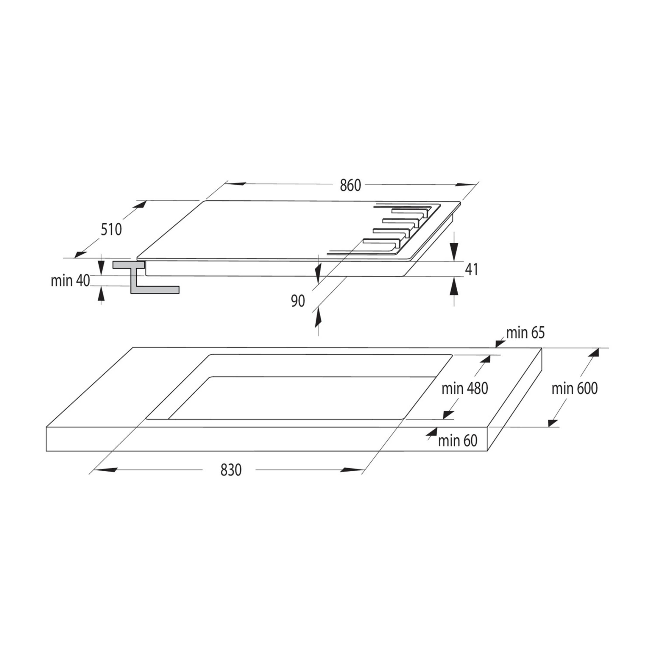 Dessin technique d'une plaque de cuisson avec dimensions en mm.
