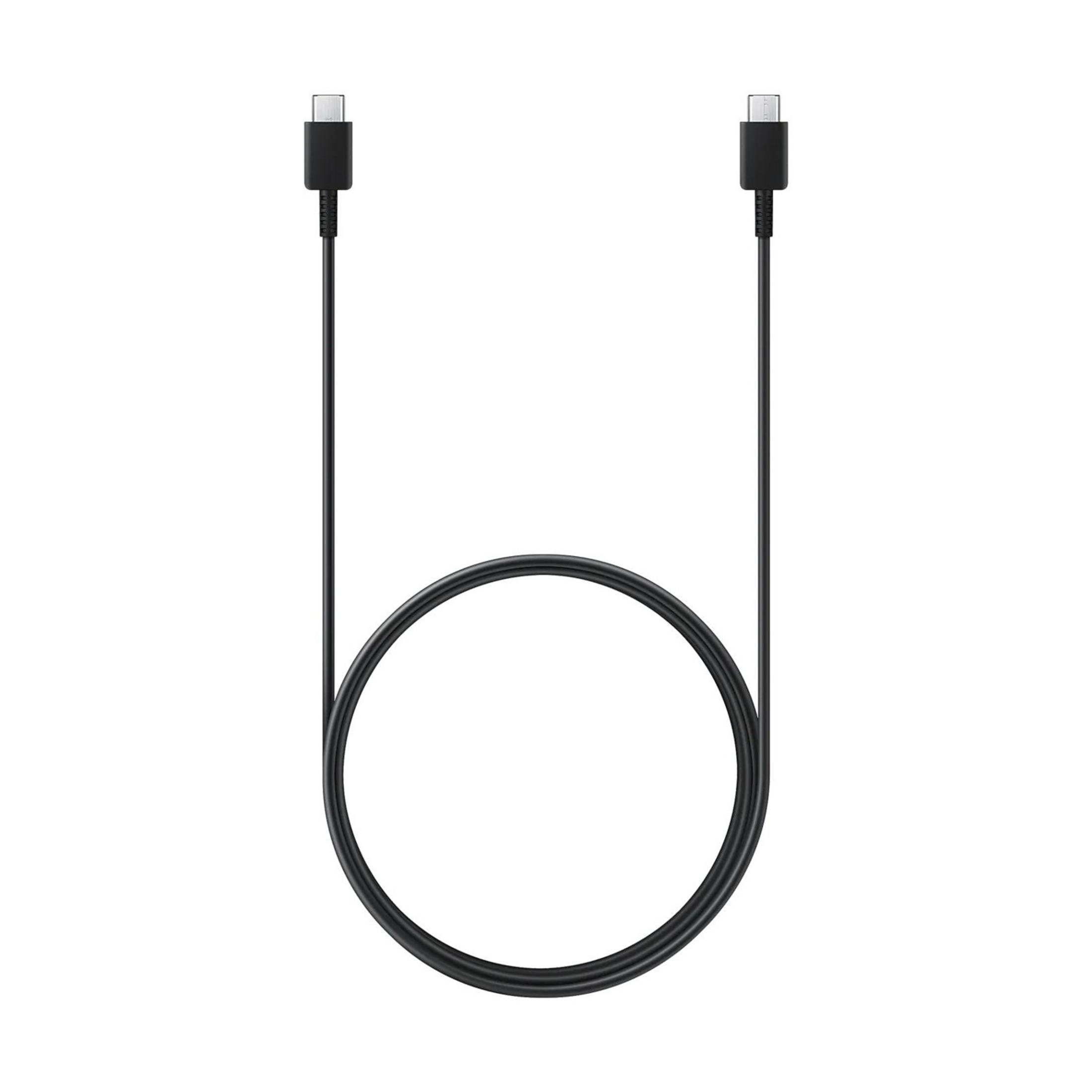 Ein schwarzes USB-C-Kabel mit beiden Anschlüssen oben auf weißem Hintergrund.