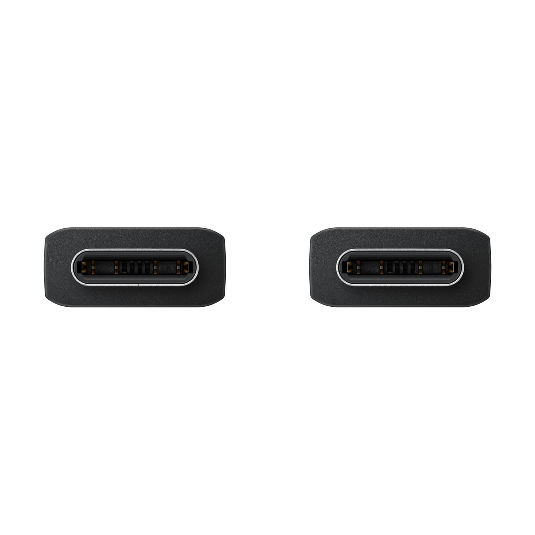 Zwei schwarze USB-C-Stecker nebeneinander auf weißem Hintergrund.