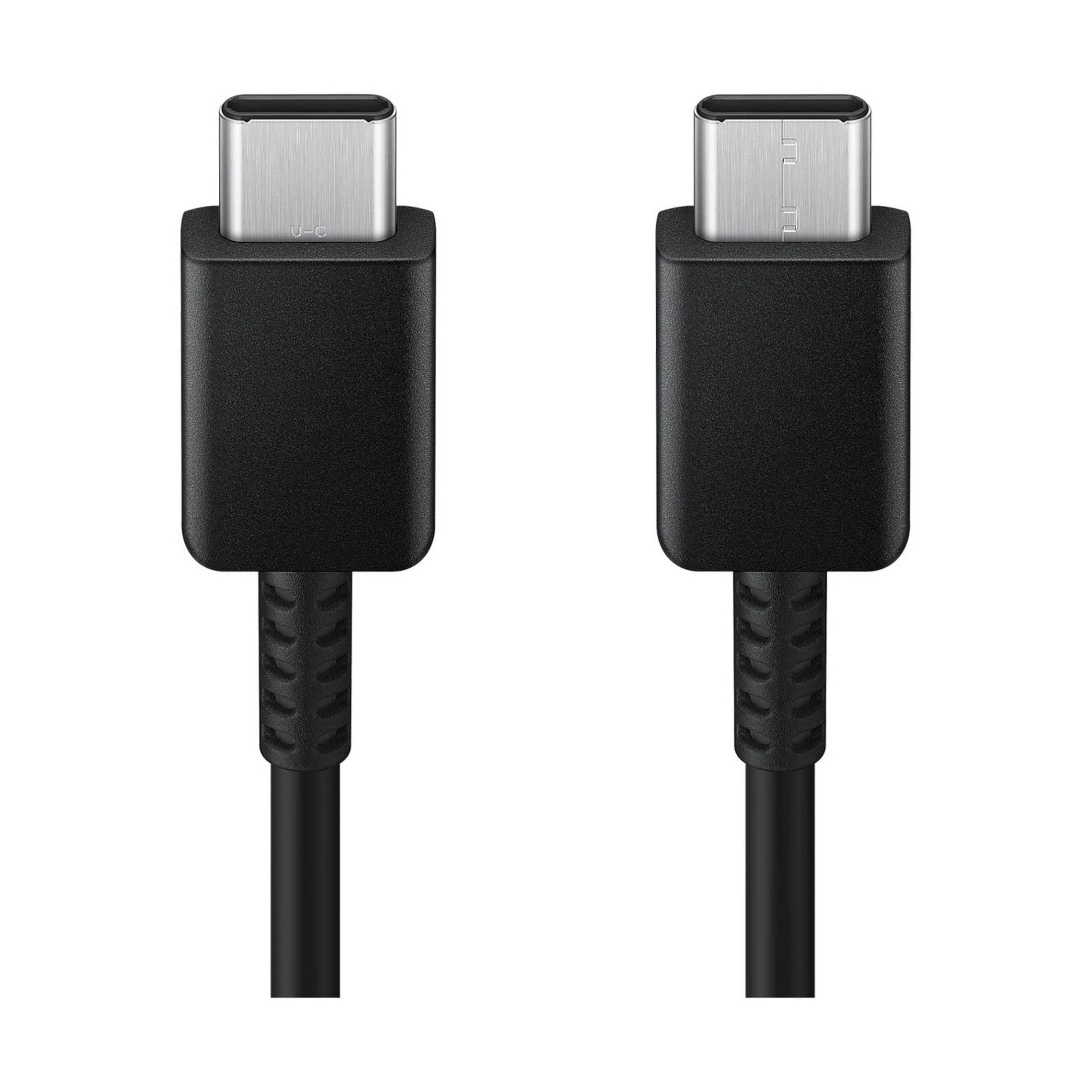 Zwei schwarze USB-C-Kabel mit silbernen Anschlüssen auf weißem Hintergrund.