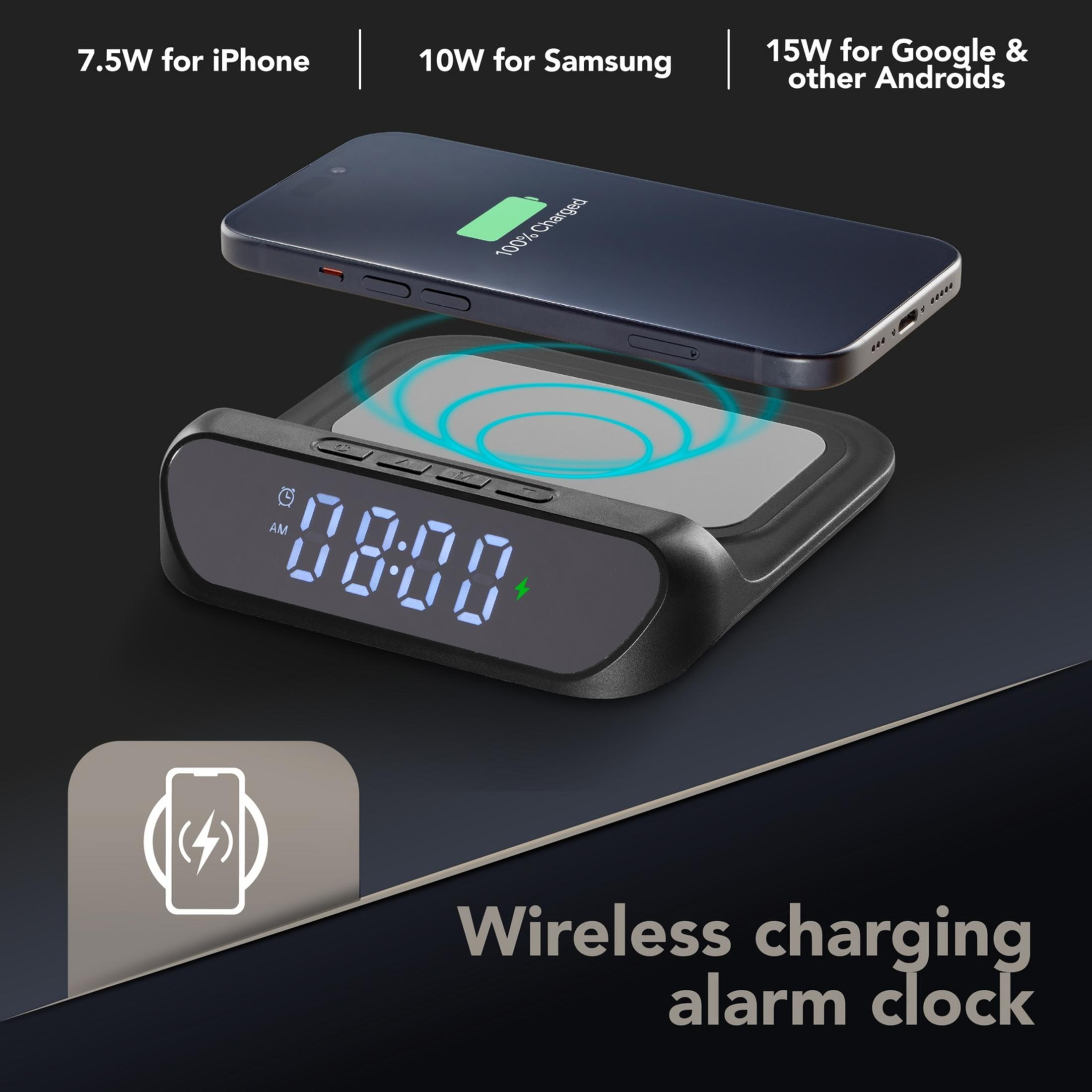 Reloj despertador de carga inalámbrica mostrando 08:00, con carga para iPhone, Samsung, Android.