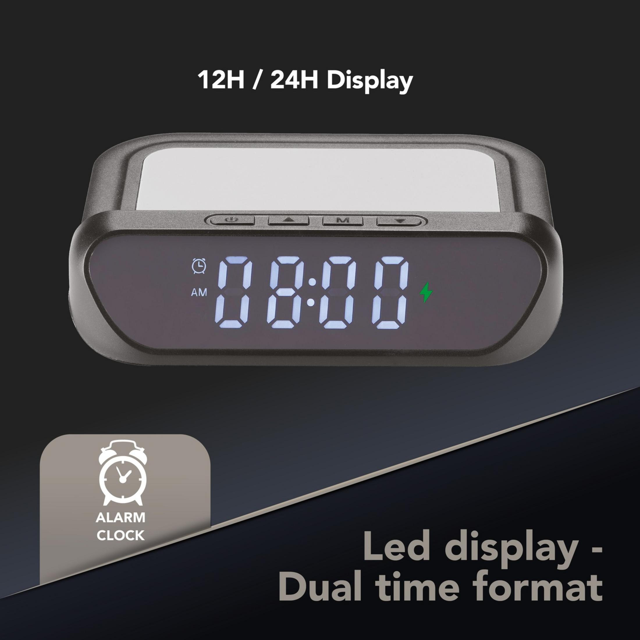 Un despertador digital muestra las 08:00 AM con pantalla de 12H/24H.