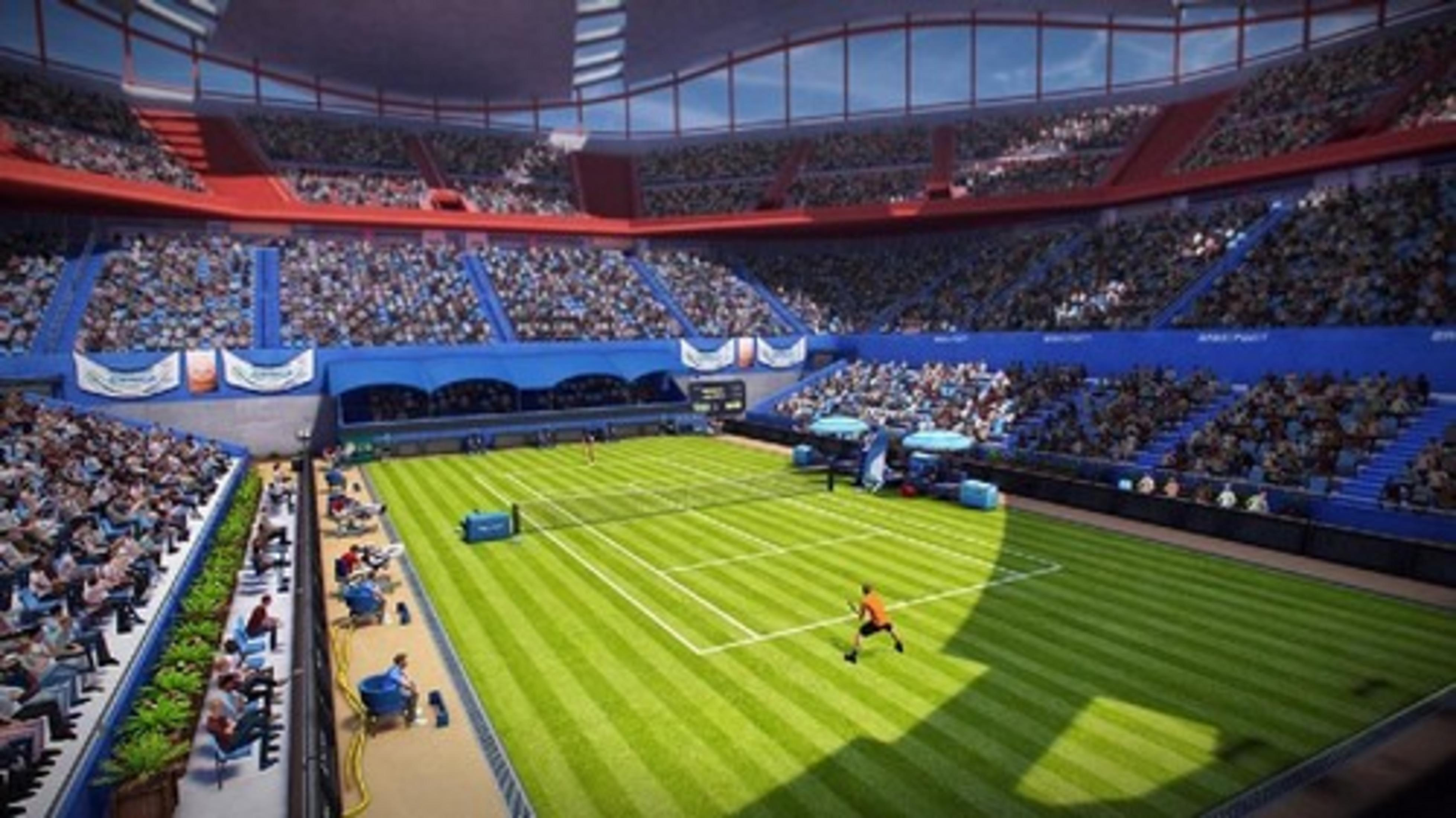 Ein Tennismatch in einem Stadion mit Zuschauern. Ein Spieler in Orange auf dem grünen Platz.