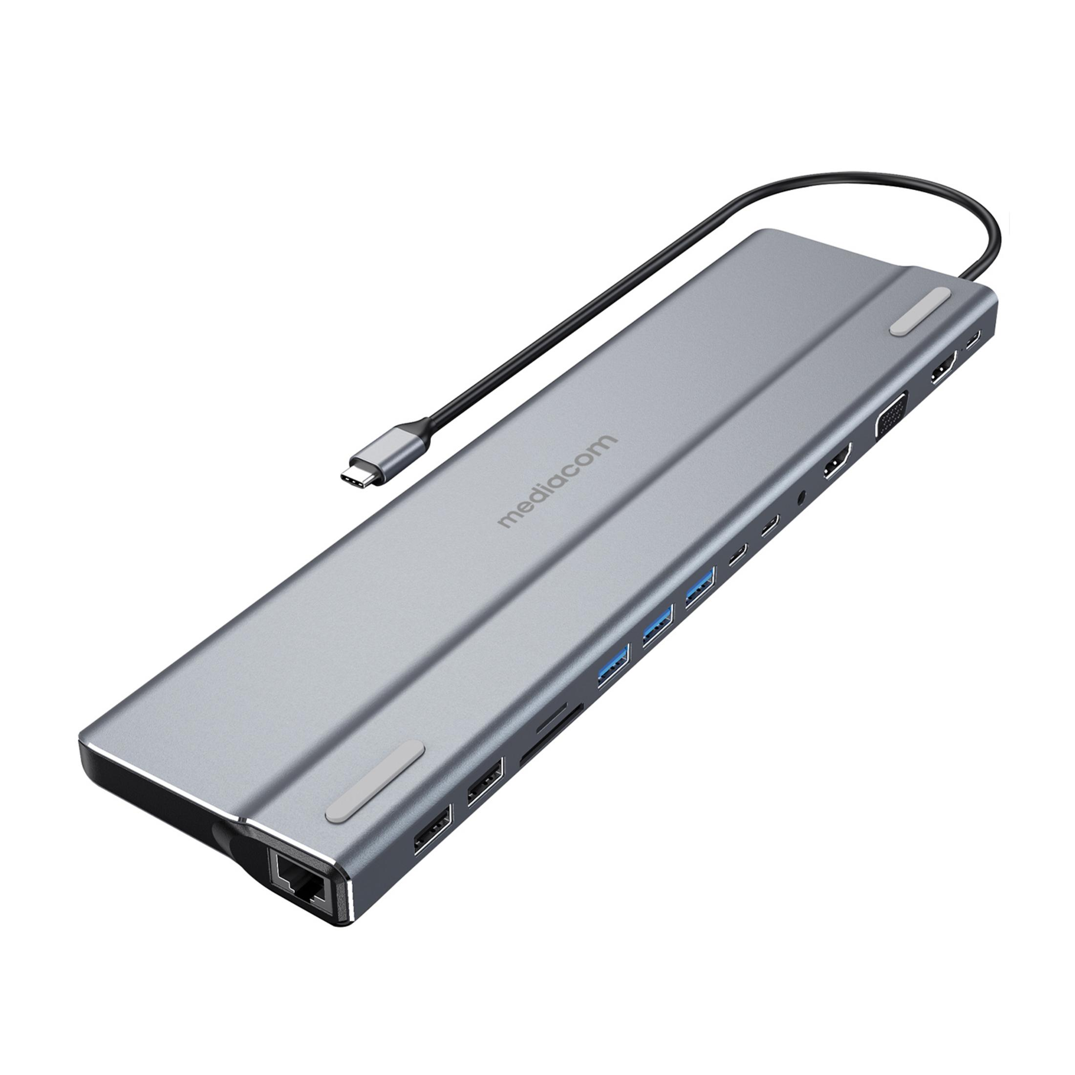 Hub USB-C grigio con porte: USB, HDMI, VGA, Ethernet e scheda SD.