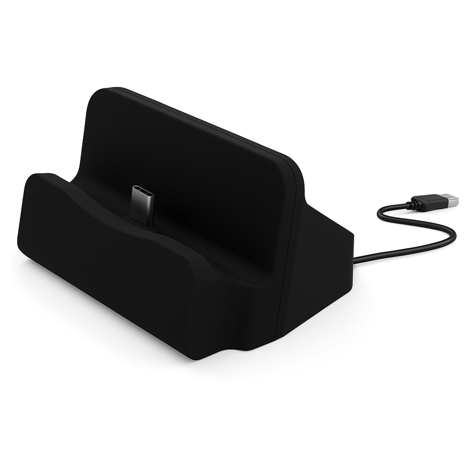 Ein schwarzer Lade-Dock mit USB-C-Anschluss und Kabel auf weißem Hintergrund.