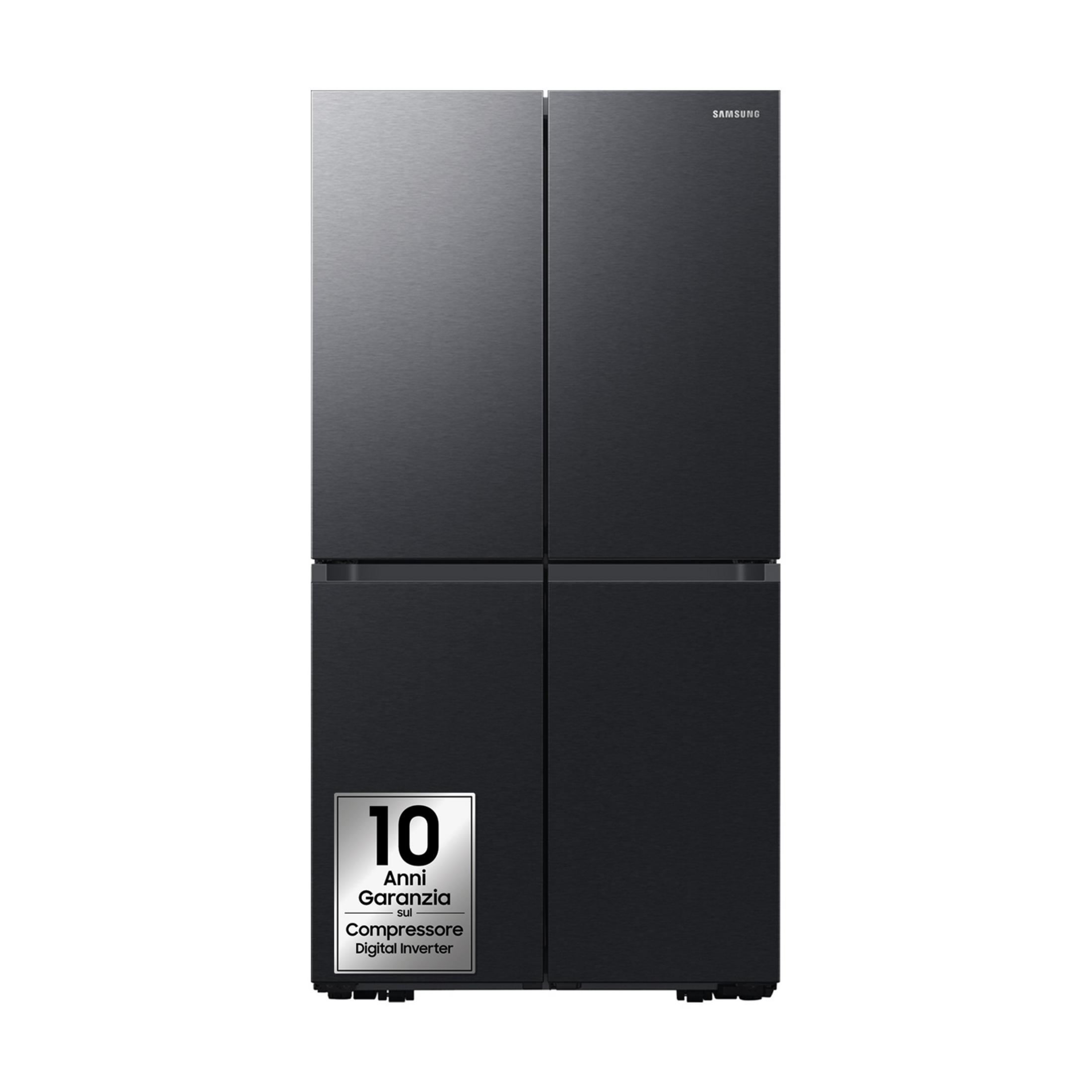 Un refrigerador Samsung negro de cuatro puertas con sello de 10 años de garantía.