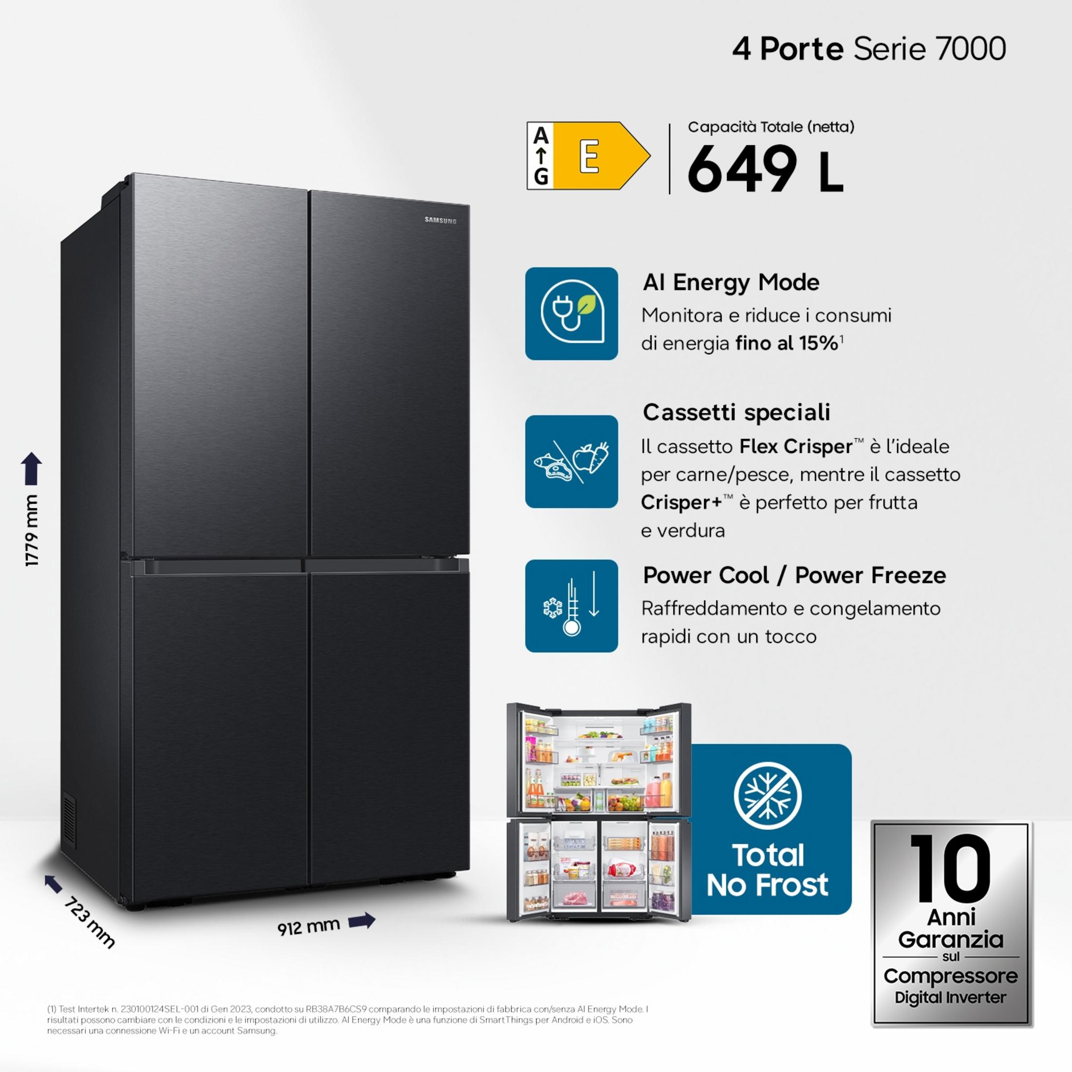 Refrigerador Samsung negro de 4 puertas, 649L, Clase E, Total No Frost.