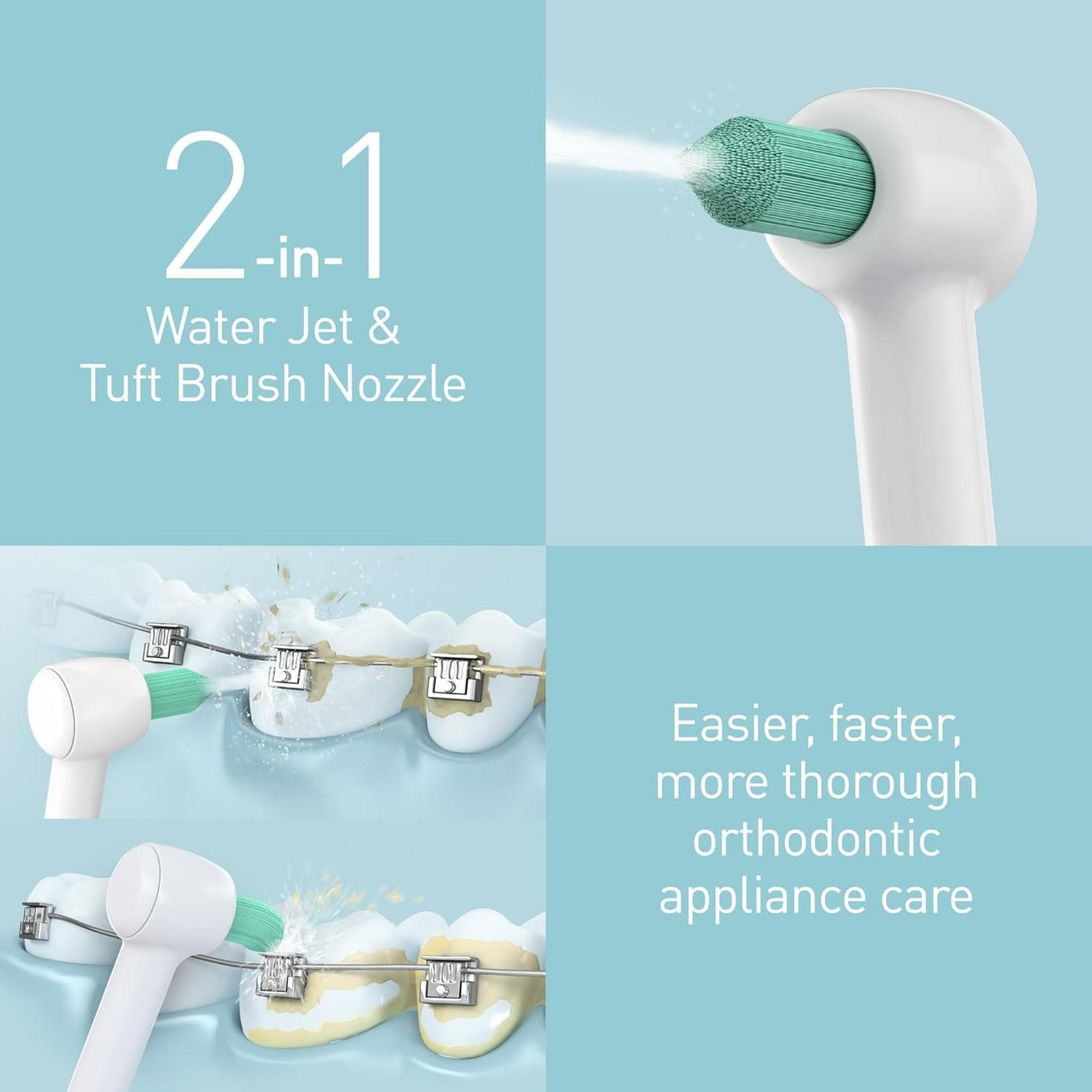 Brosse à dents électrique avec jet d'eau et buse à touffes pour appareils dentaires.