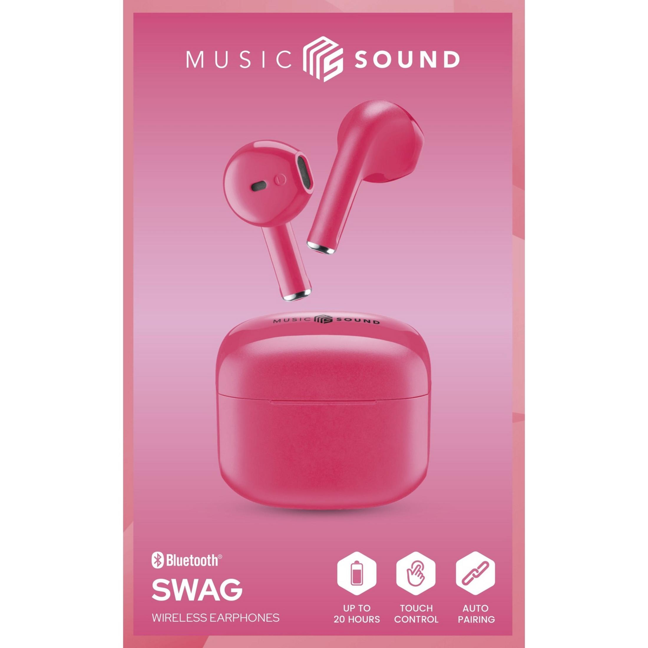 A pair of pink wireless earphones with charging case and "MUSIC SOUND" logo.