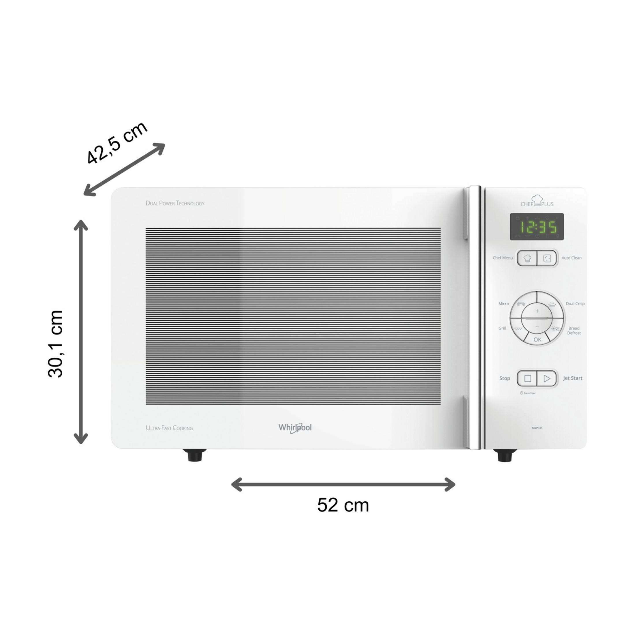 Un microonde bianco Whirlpool con display digitale che mostra 12:35. Dimensioni indicate.