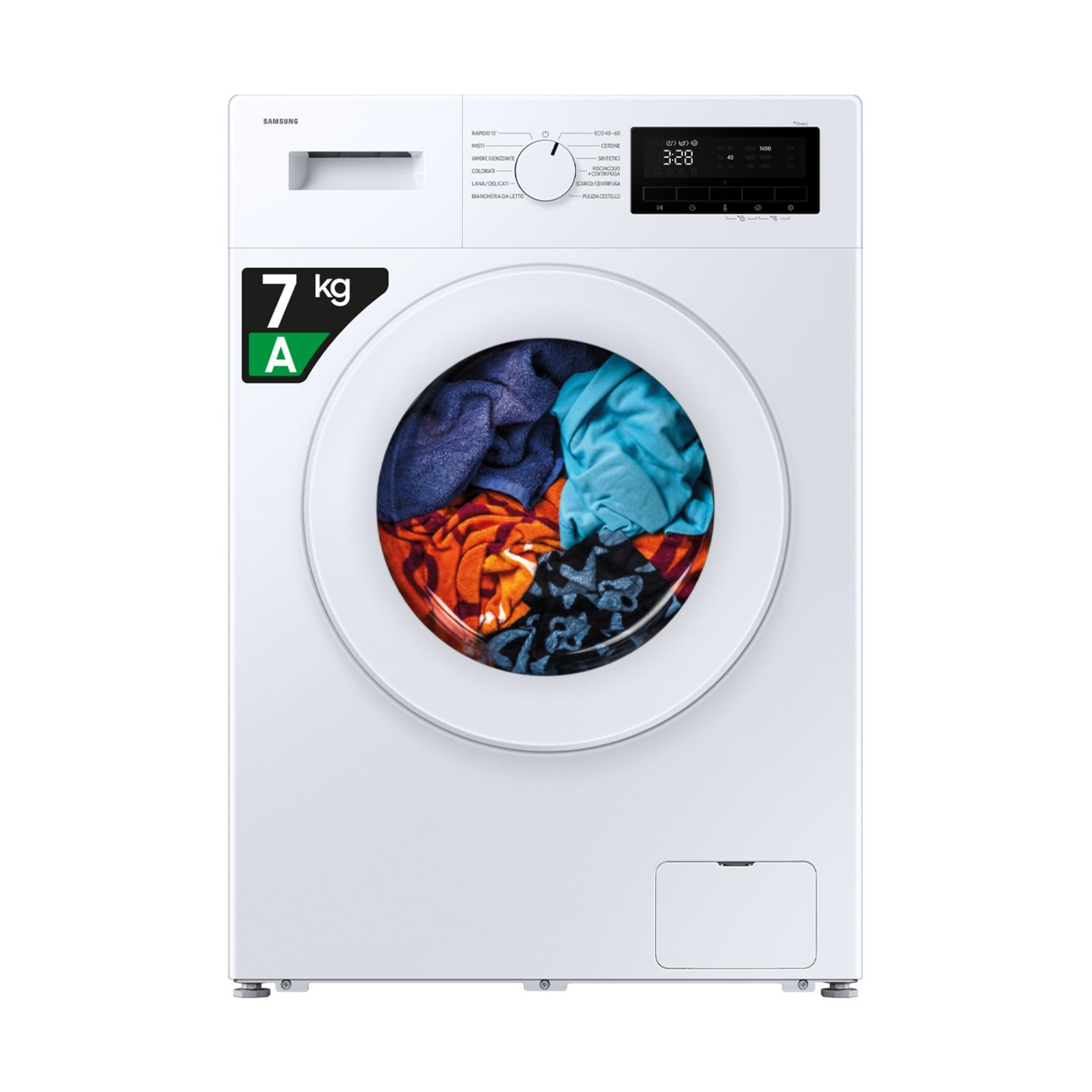 Lavatrice Samsung bianca da 7kg con classe di efficienza energetica A.