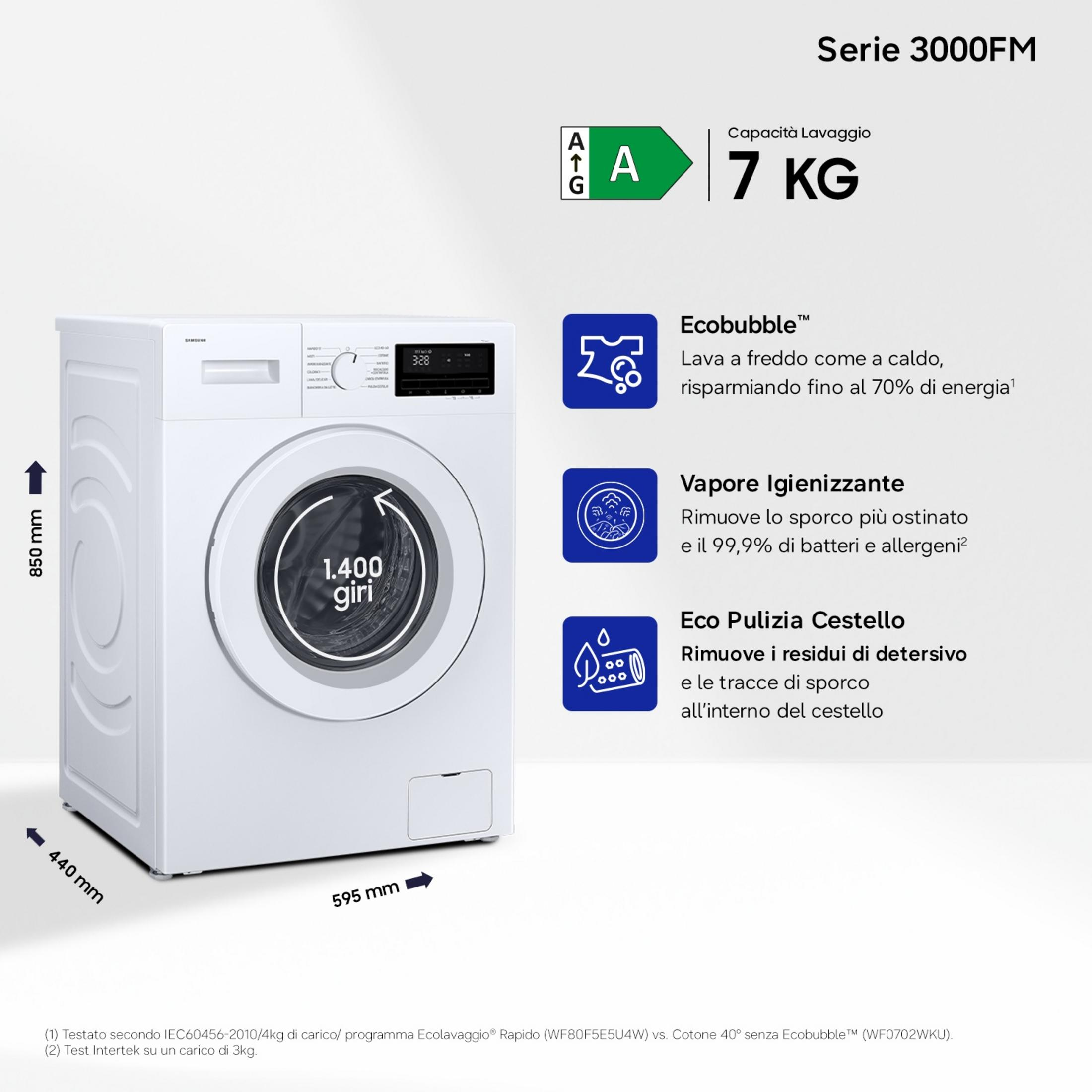 Lavatrice Samsung bianca, Serie 3000FM, capacità 7kg, classe energetica A.