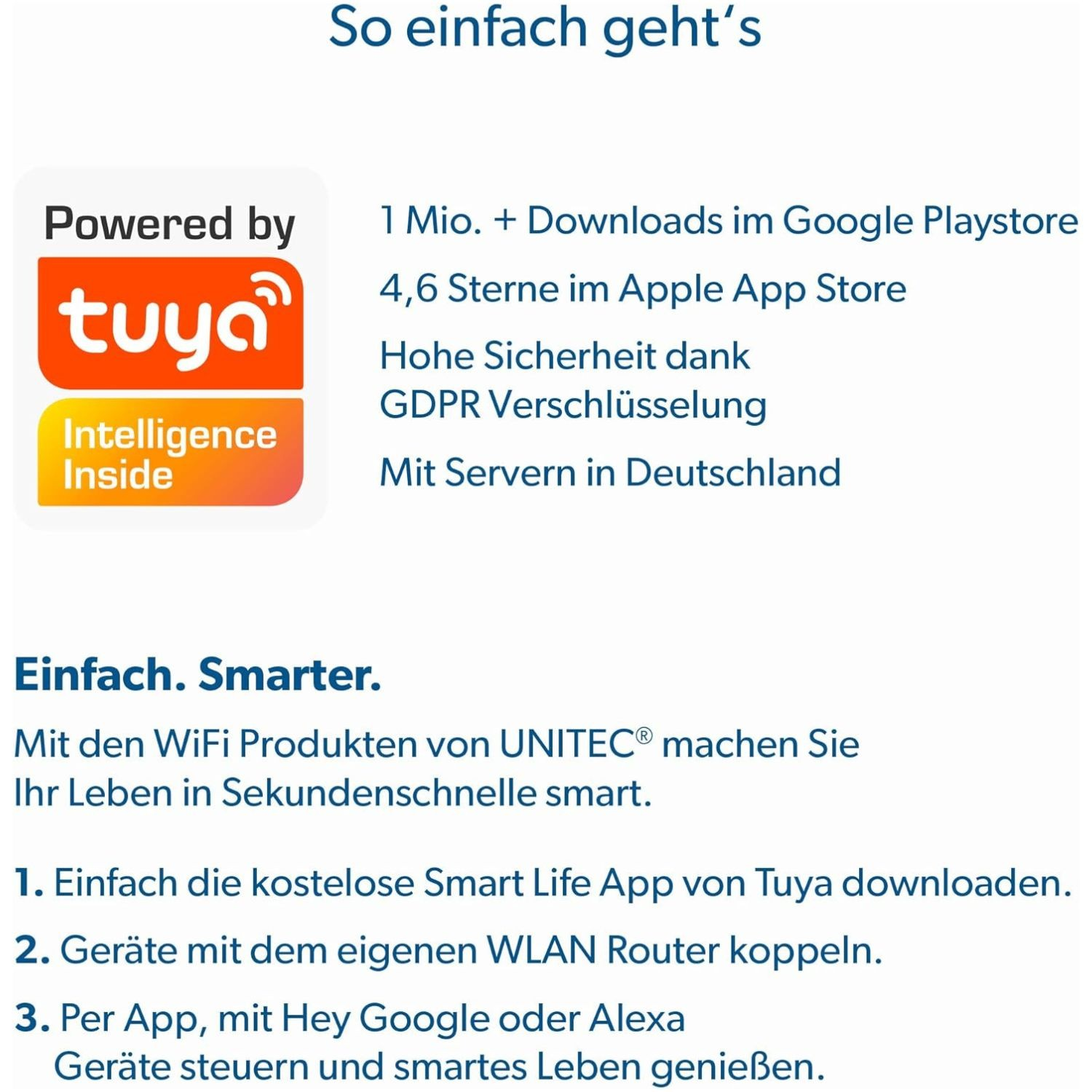 Tuya Logo mit Text, 1 Mio. Downloads, 4,6 Sterne, Sicherheit, Server in DE.