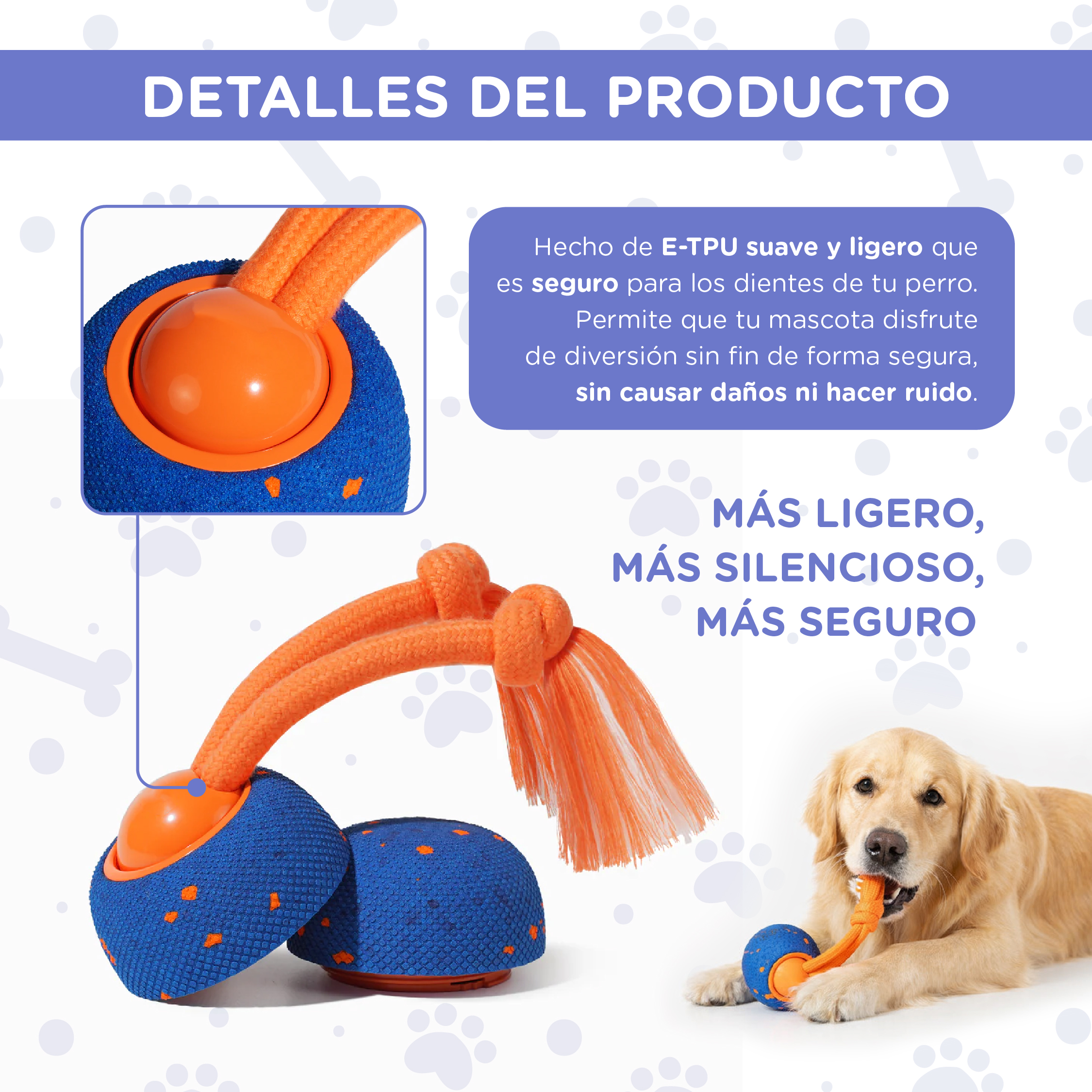 Un golden retriever mastica un juguete para perros azul y naranja.