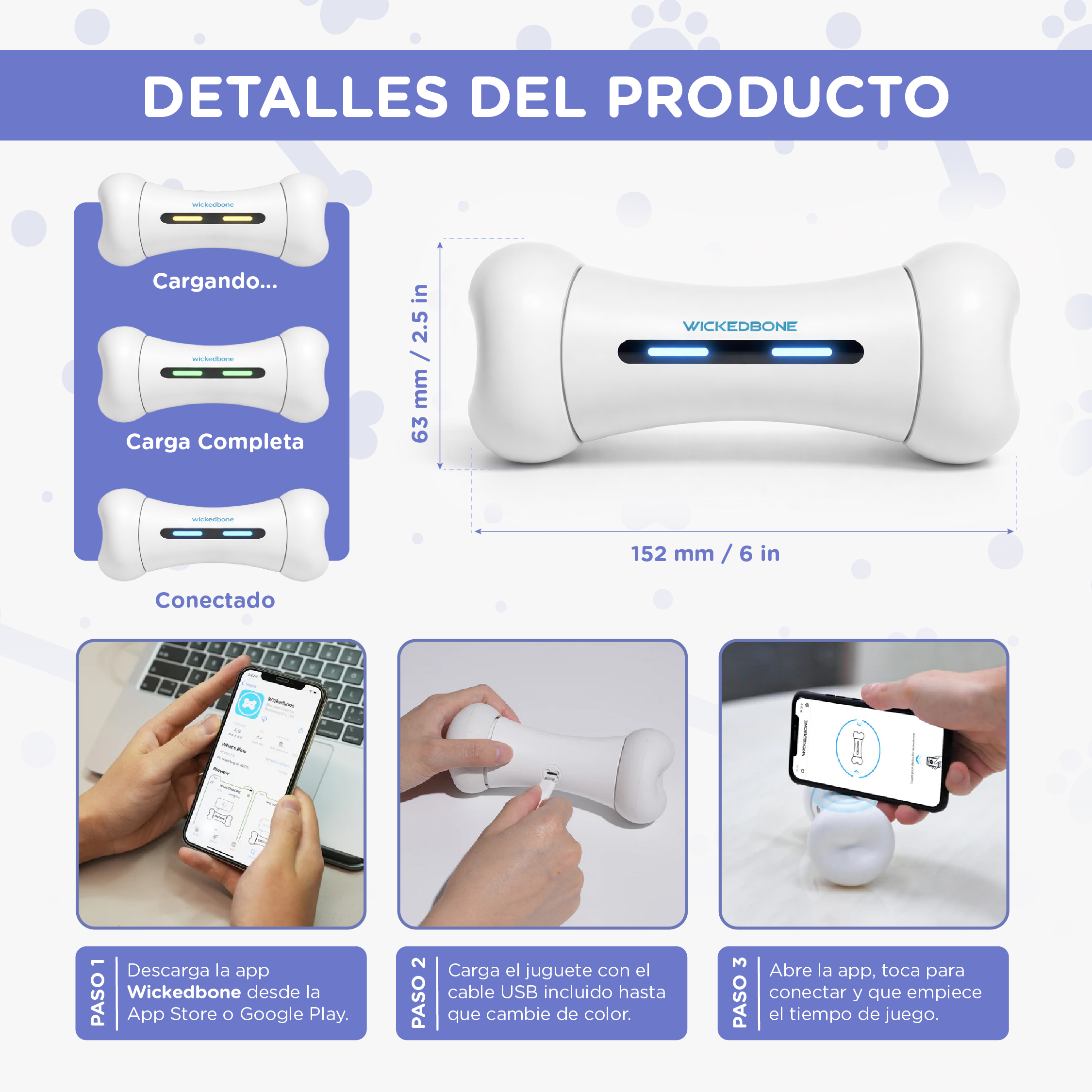 La imagen muestra un juguete blanco con forma de hueso y sus estados de carga.