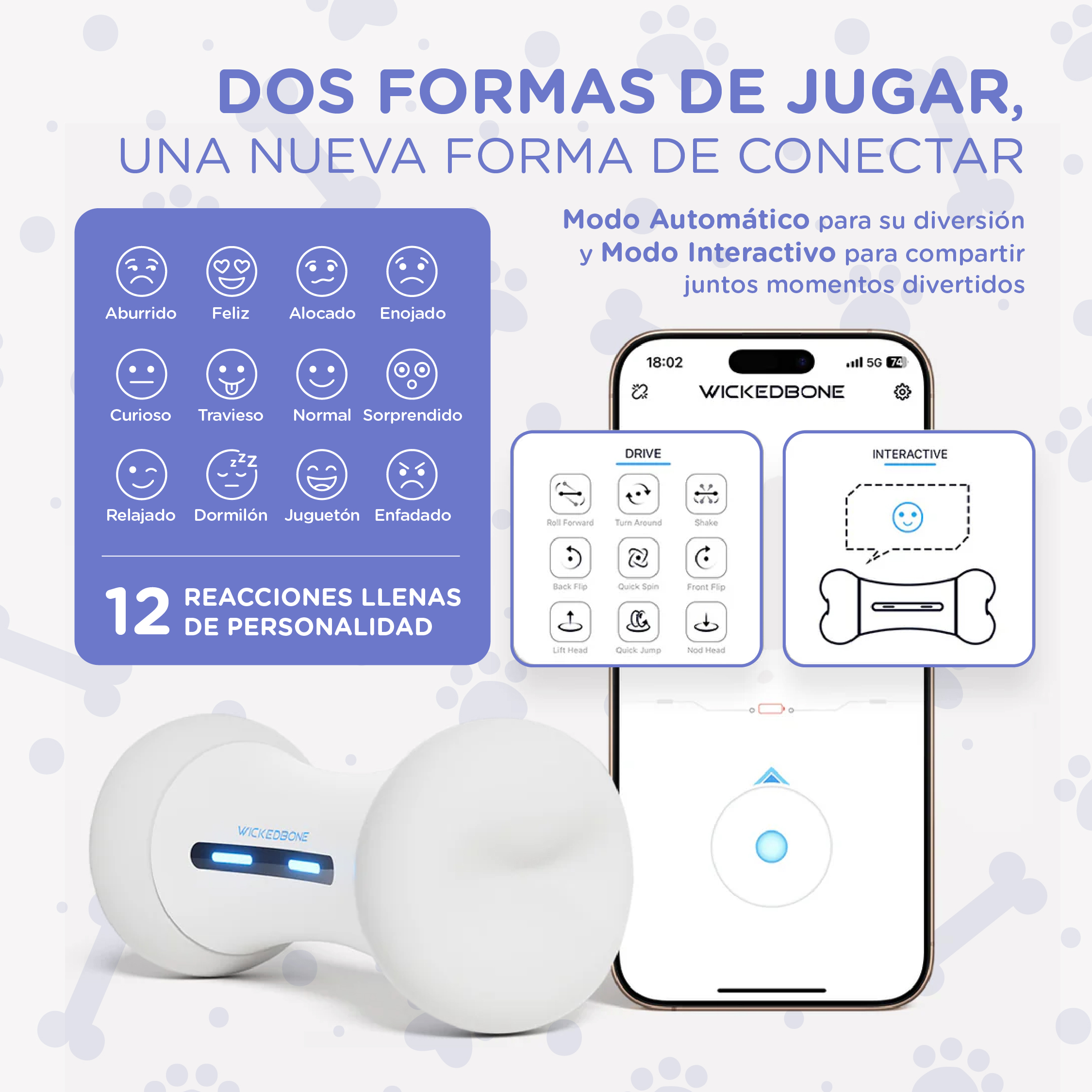 Un juguete blanco interactivo para perros con una app en un smartphone, mostrando emociones y movimientos.