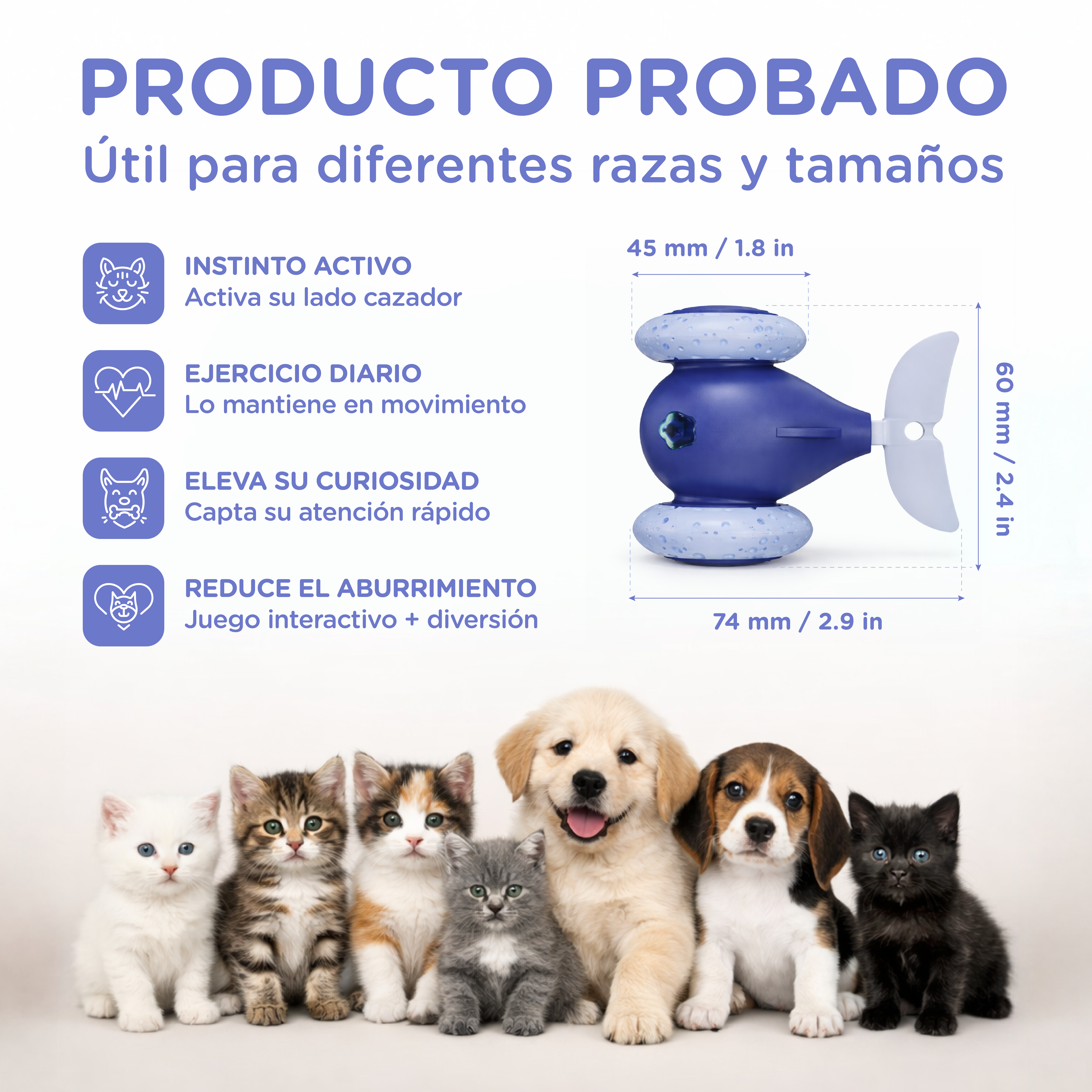 Pez de juguete azul con hélice, rodeado de gatitos y cachorros.