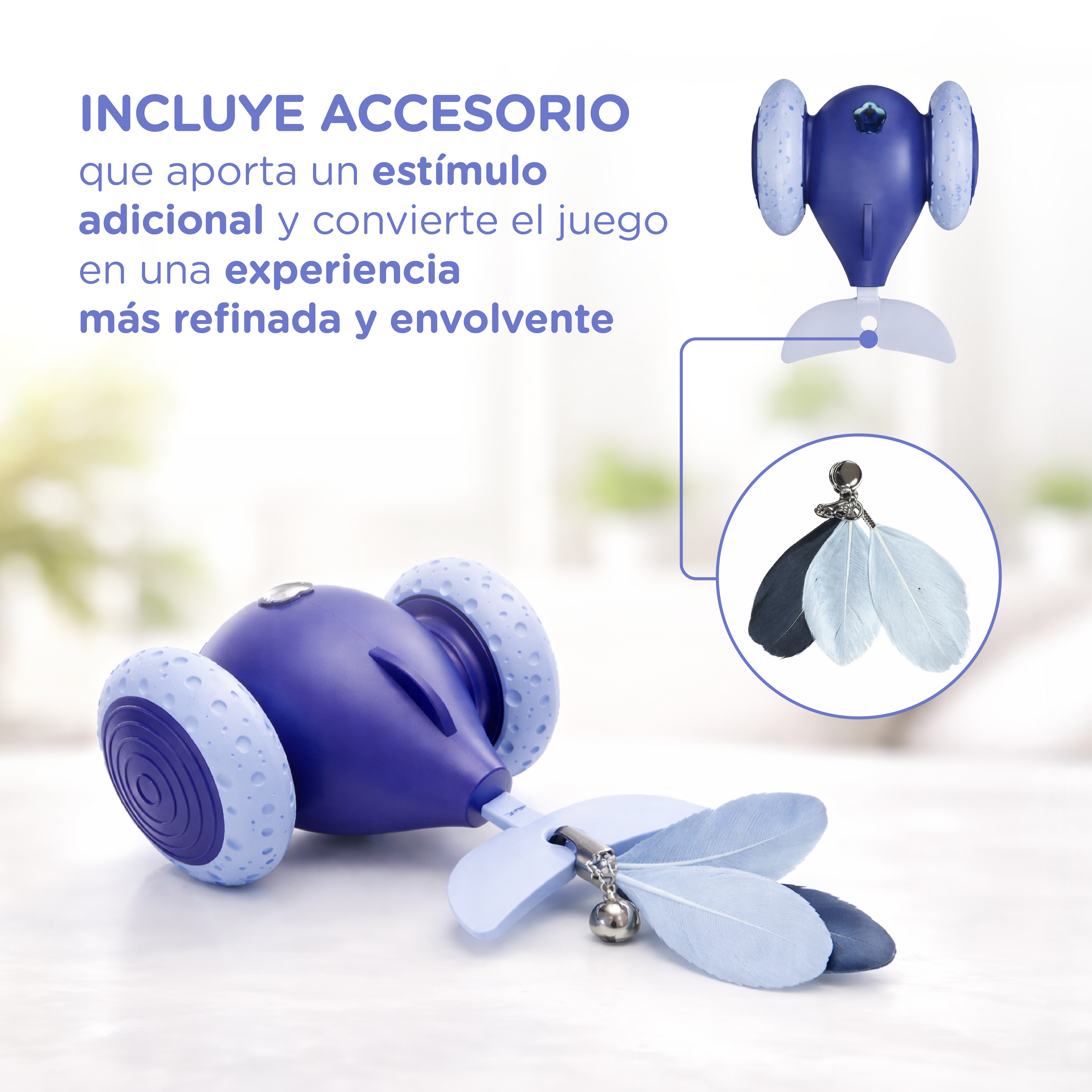 Juguete azul para gatos con plumas y cascabel. Incluye accesorio.