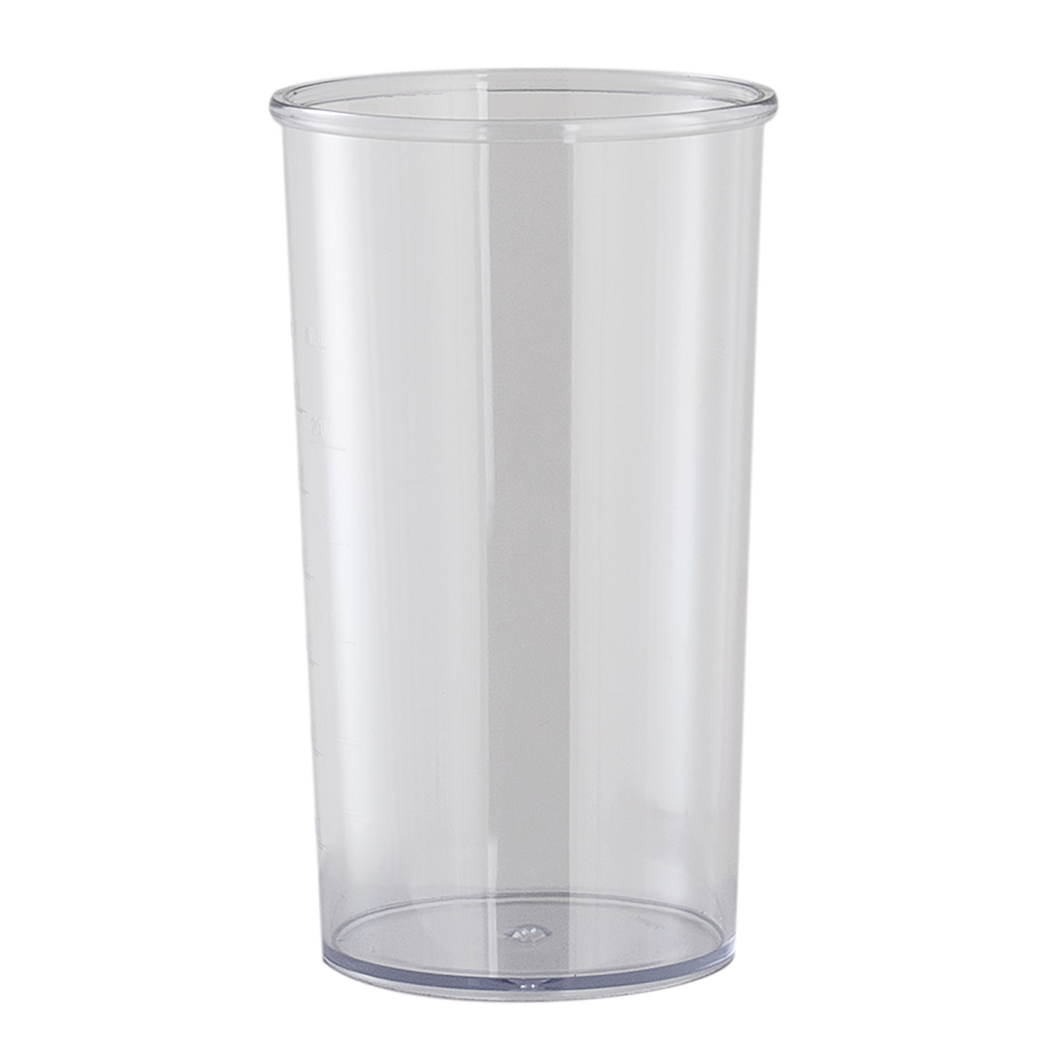Un vaso medidor transparente y vacío con marcas en el lateral.