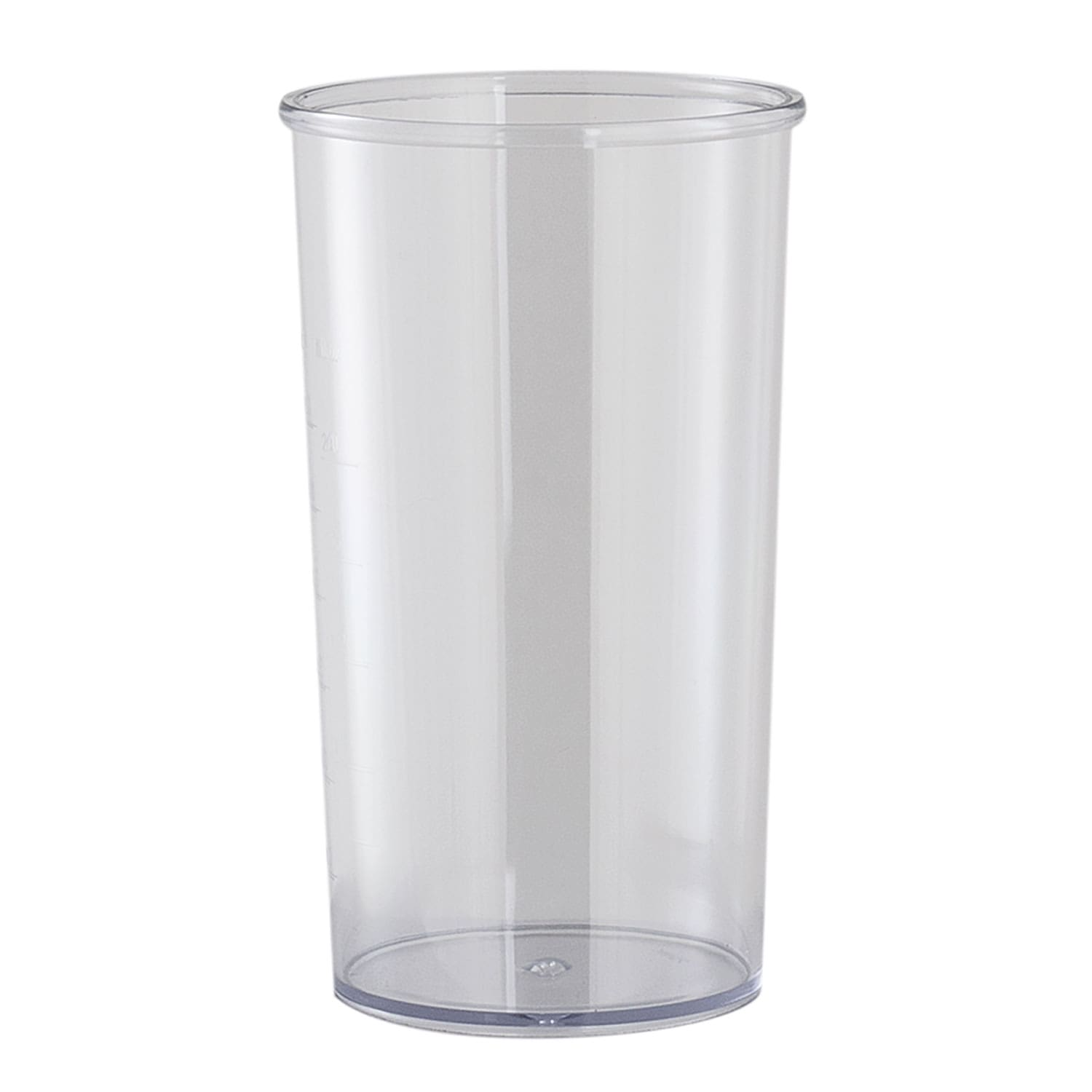Un vaso medidor transparente con marcas de escala sobre fondo blanco.