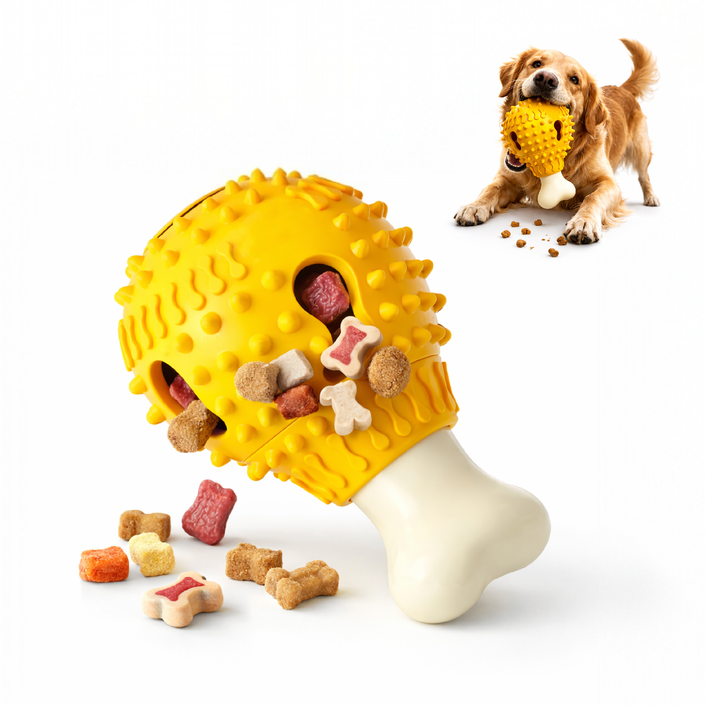 Un juguete amarillo para perros con forma de hueso, lleno de golosinas. Al lado, un perro.