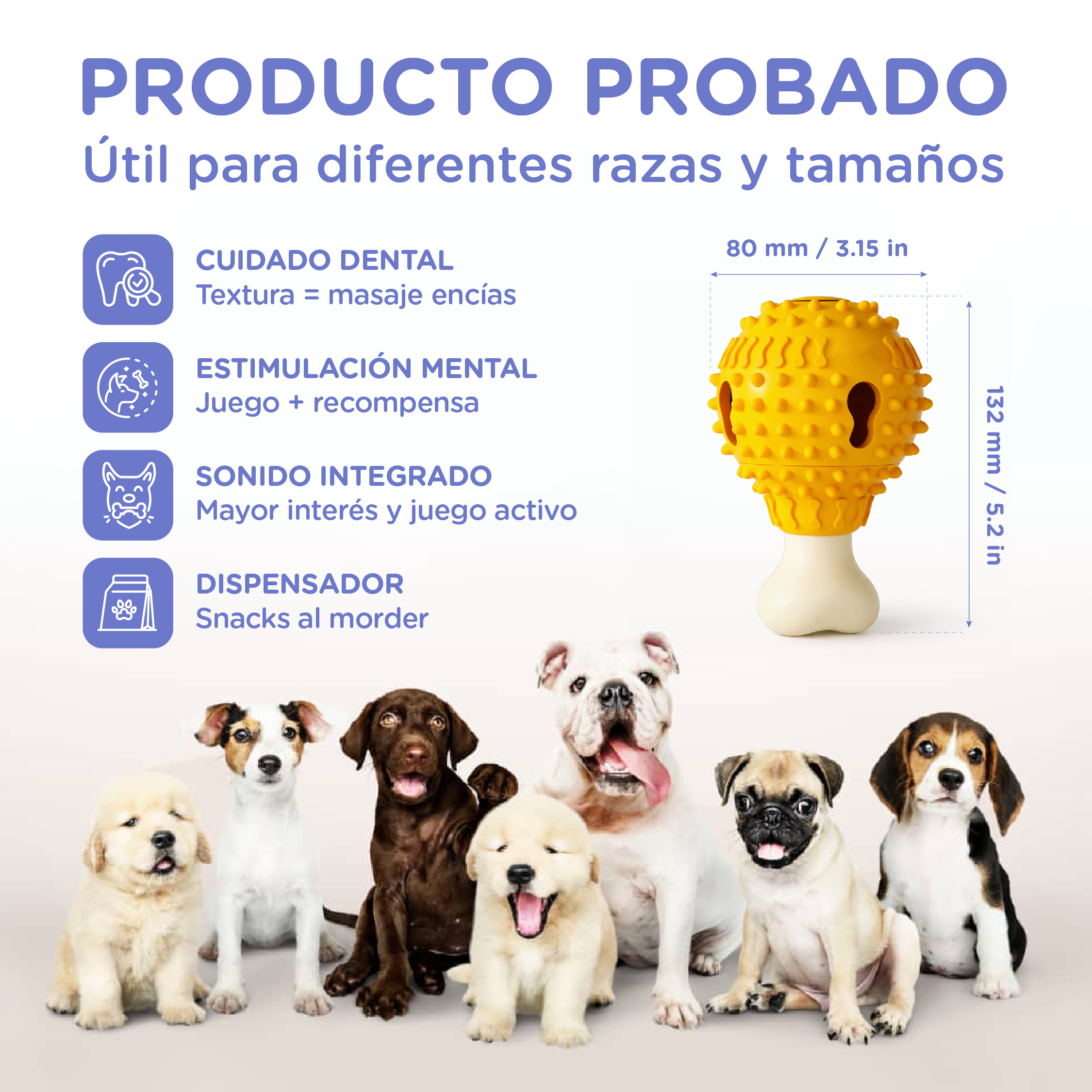 Un juguete amarillo para perros con forma de hueso y relieve, junto a siete perros de diversas razas.