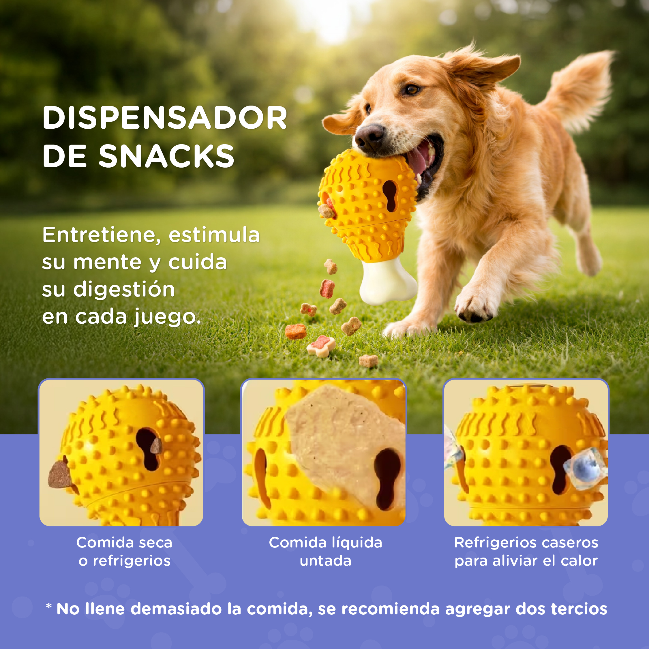 Un golden retriever juega con un dispensador de snacks amarillo en el césped.