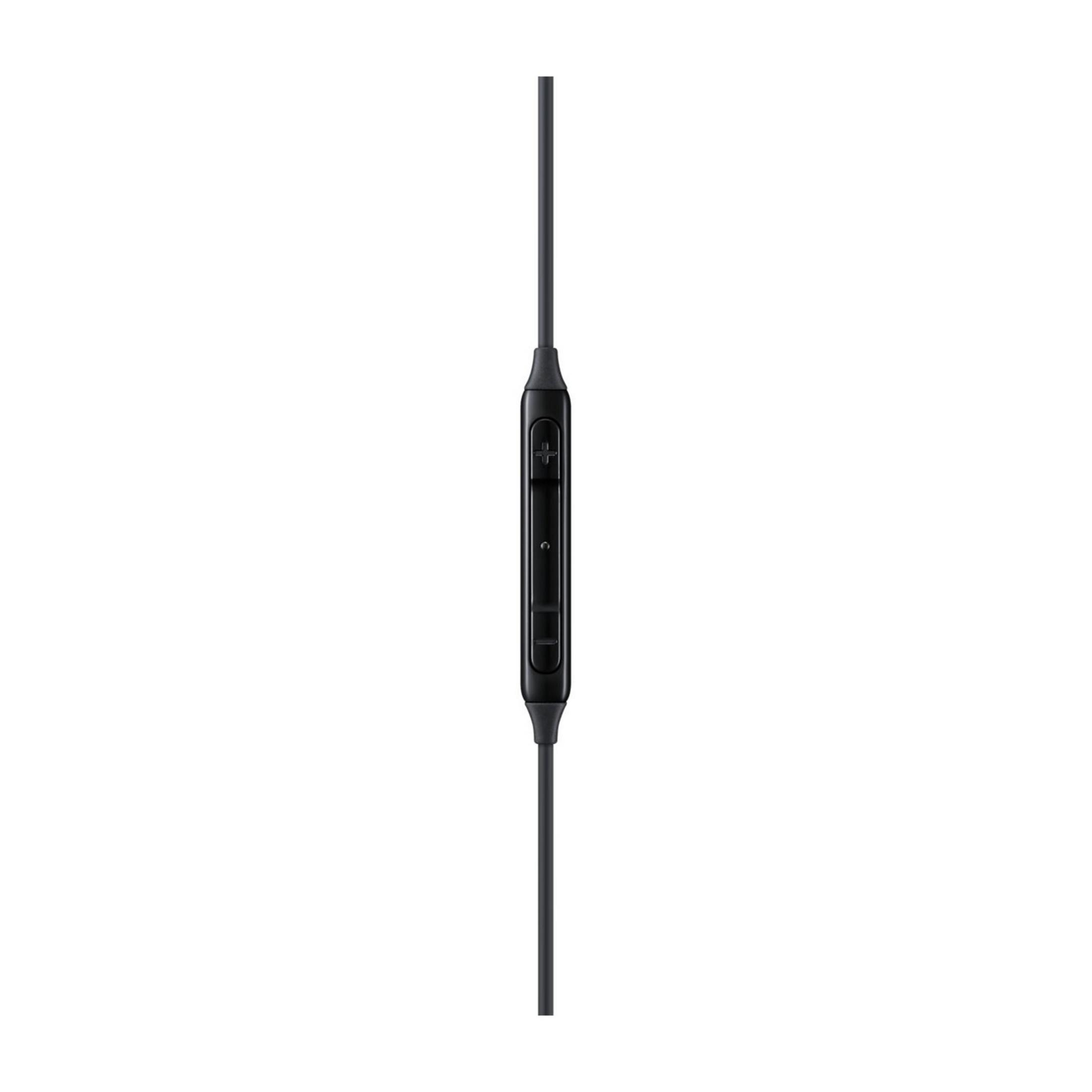 Controllo auricolare nero con pulsanti volume e microfono.