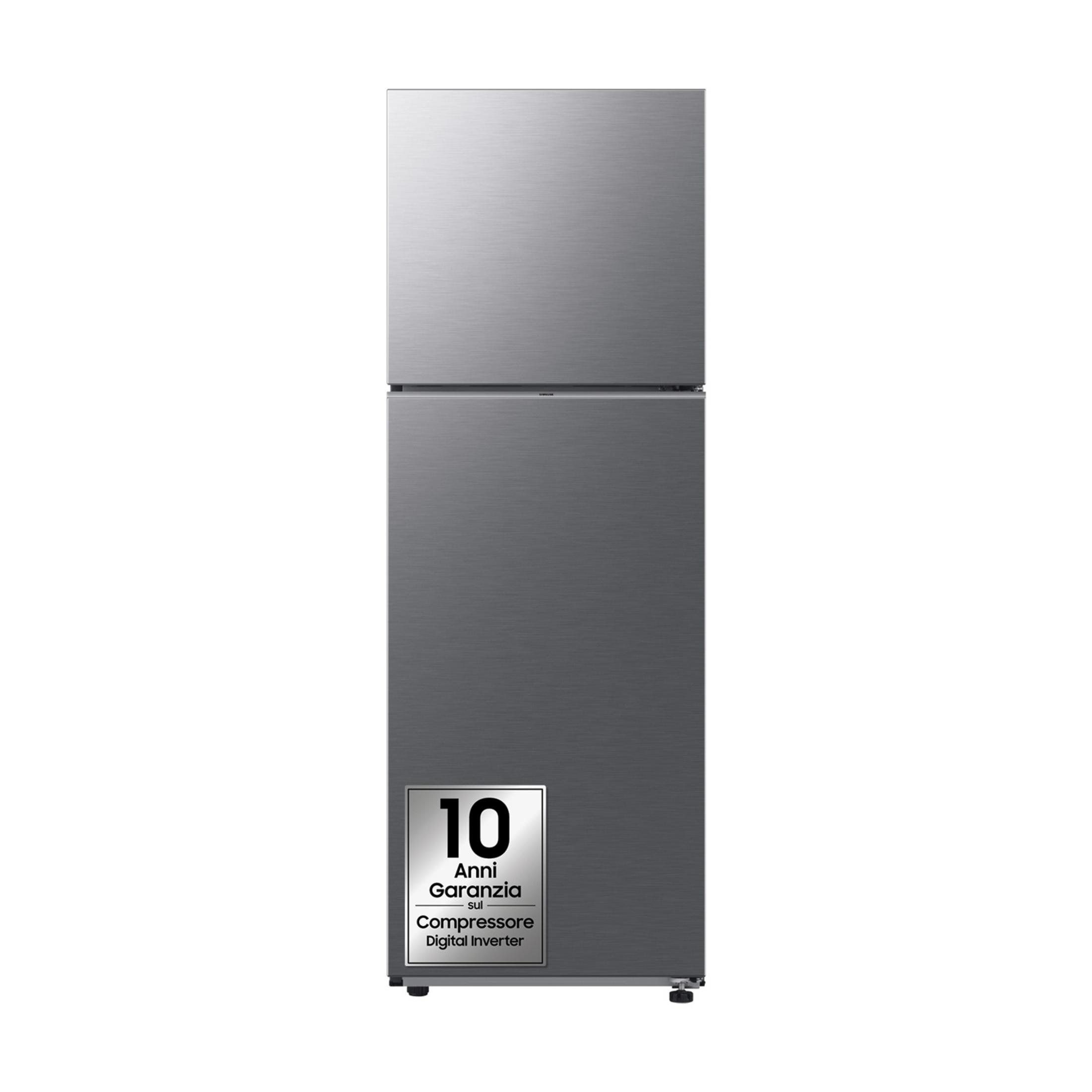 A gray two-door refrigerator with a warranty sticker.