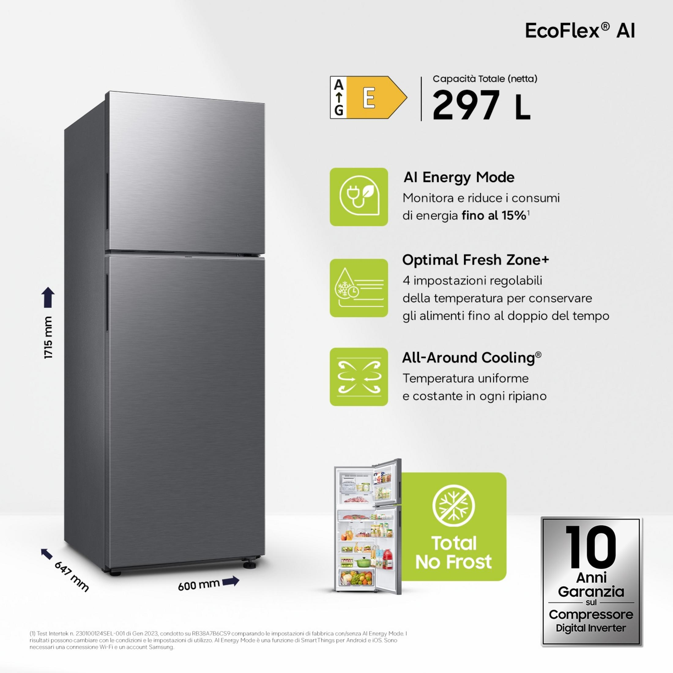 A modern, gray refrigerator with an open compartment, energy label E, and technical details.