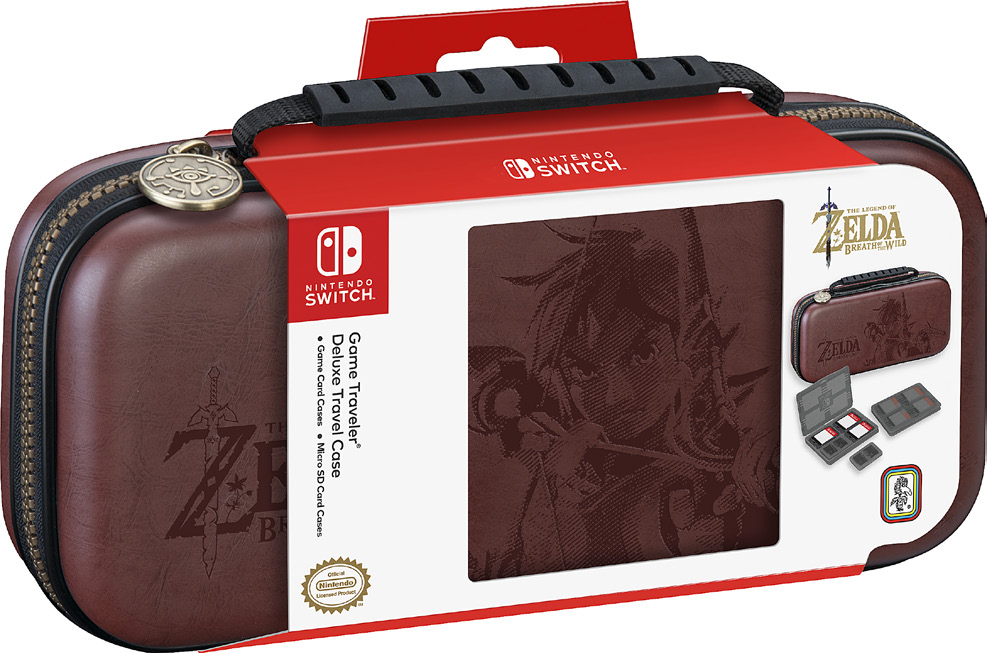 Braune Zelda Nintendo Switch Reisetasche mit Spiel- und SD-Kartenhaltern.