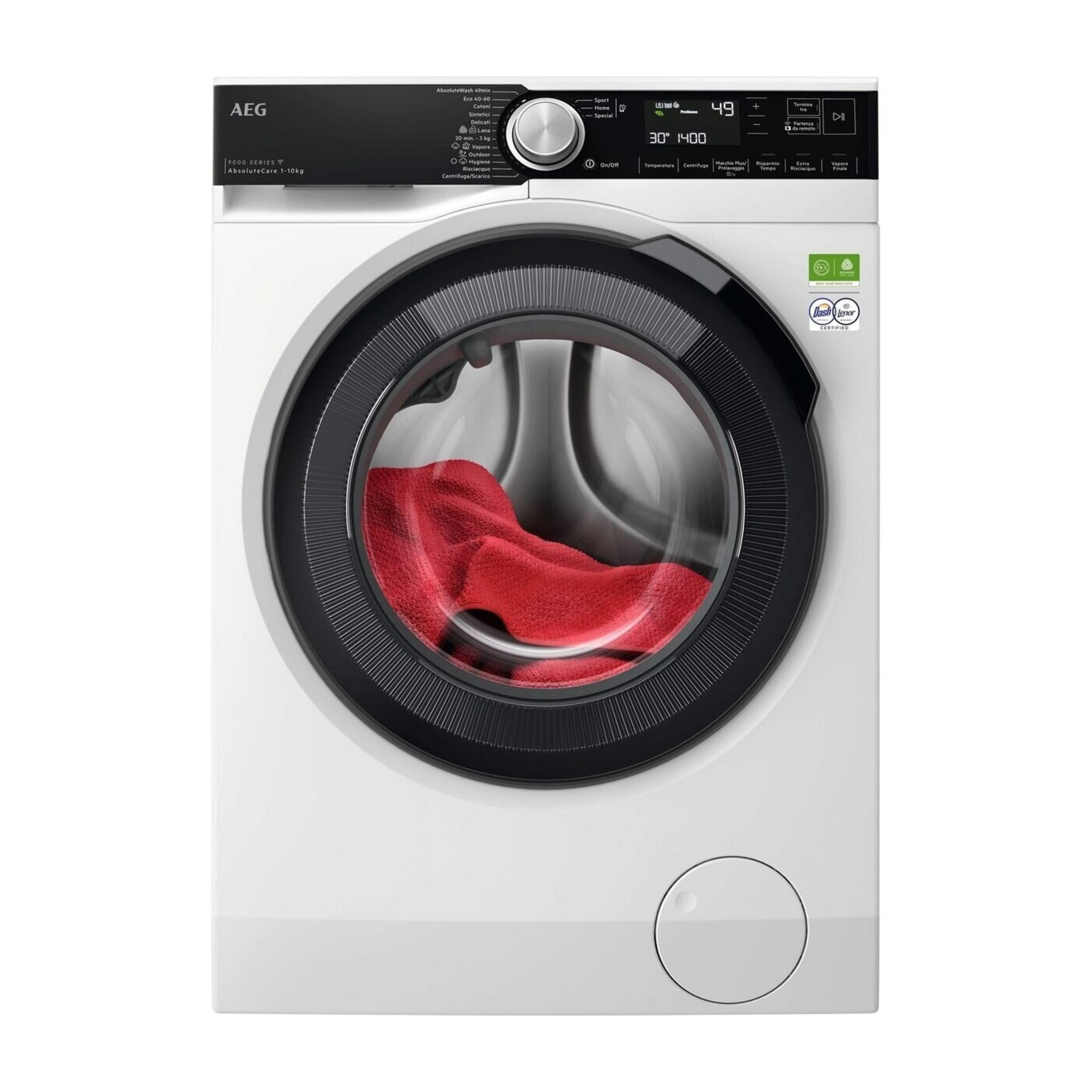 Lavatrice AEG bianca con oblò nero e tessuto rosso all'interno.