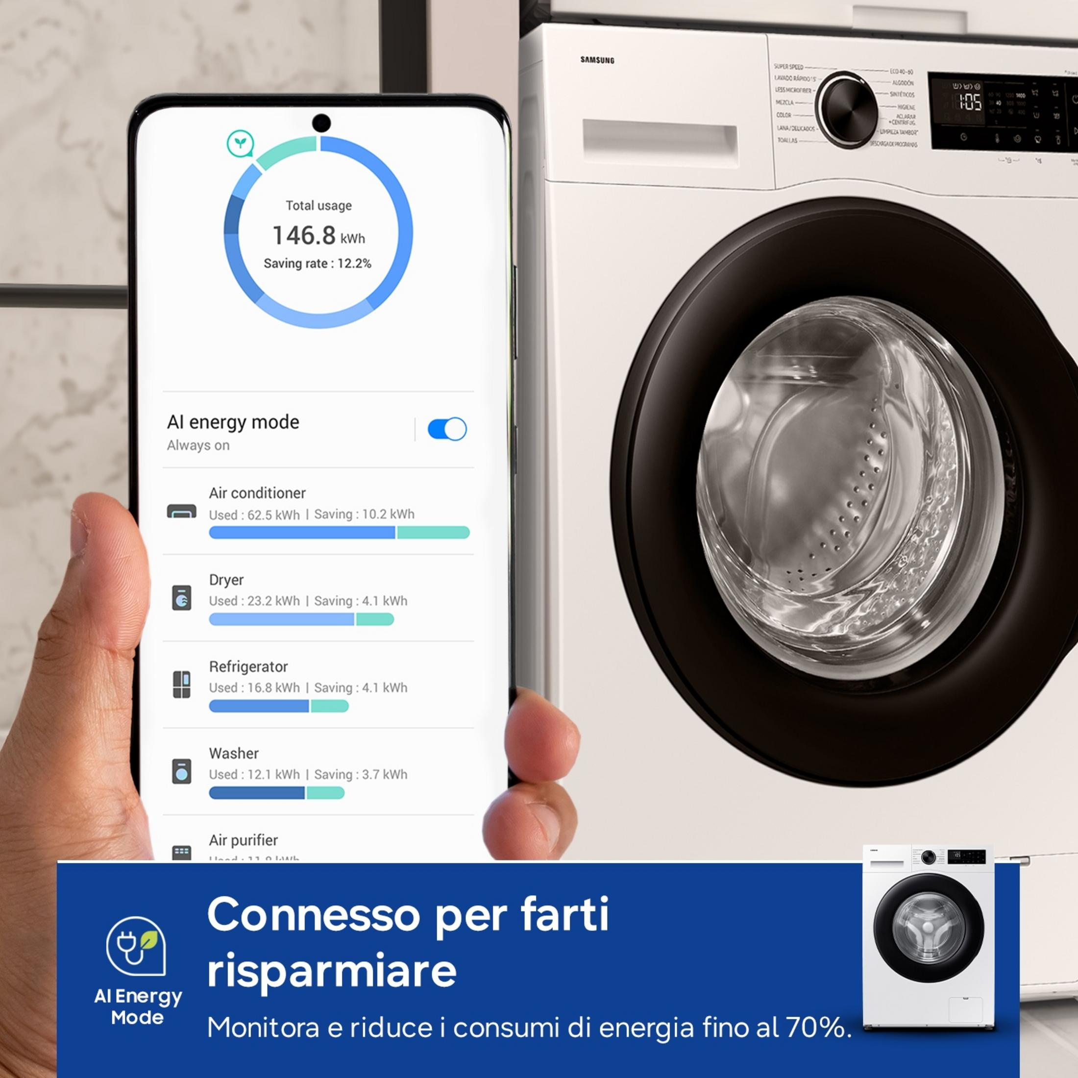 Una mano tiene uno smartphone con un'app sui consumi energetici. Accanto c'è una lavatrice Samsung.