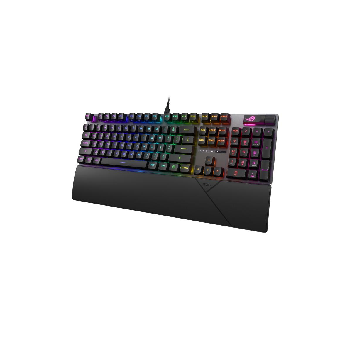 Una tastiera nera con illuminazione RGB e poggiapolsi rimovibile.
