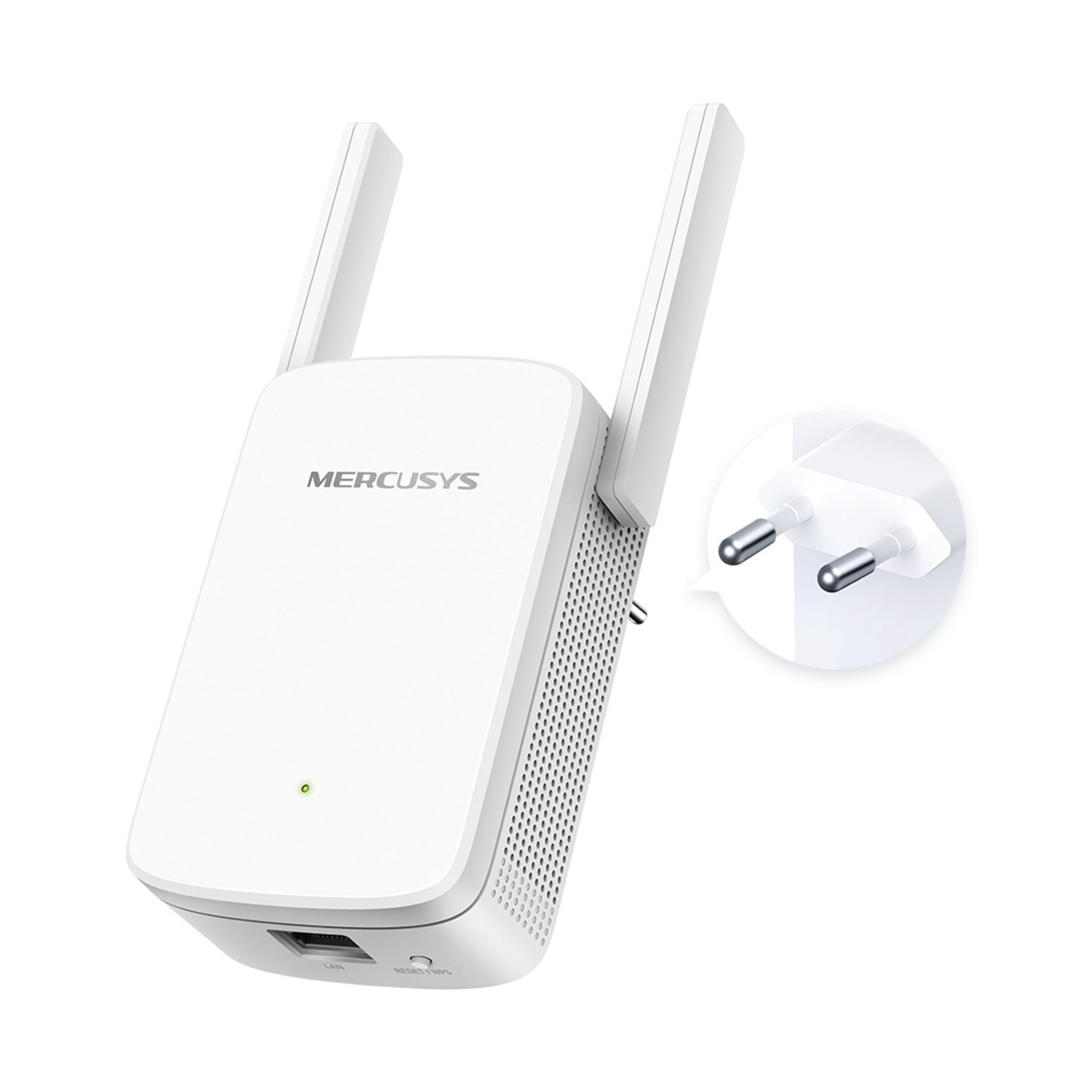 Un ripetitore WiFi Mercusys bianco con due antenne e una spina.