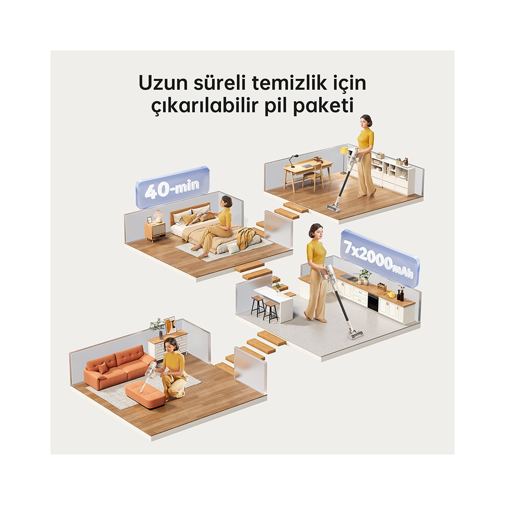 Una donna usa un aspirapolvere in diverse stanze: camera da letto, cucina, soggiorno, ufficio.
