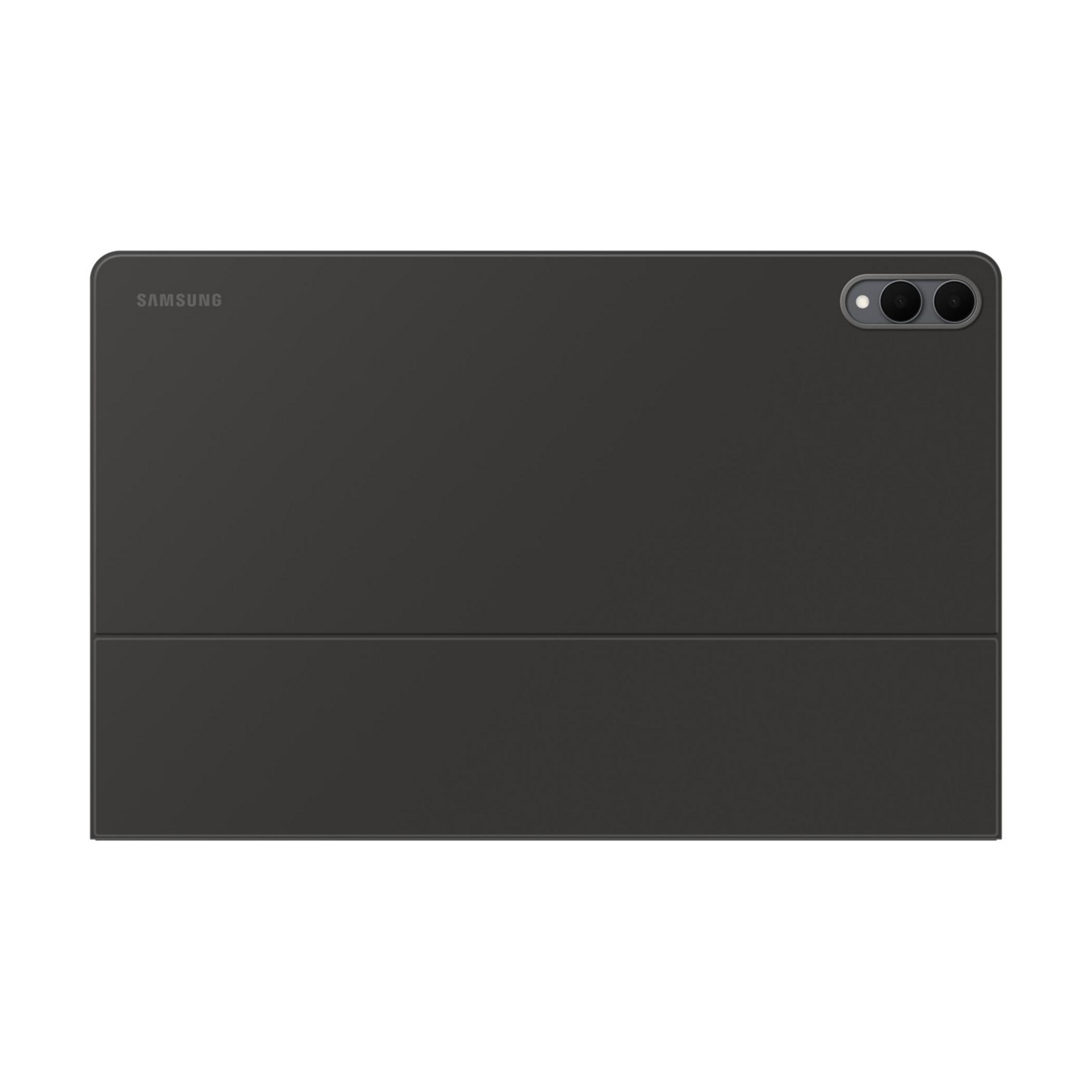 Tablette Samsung gris foncé avec double appareil photo et couverture pliable.