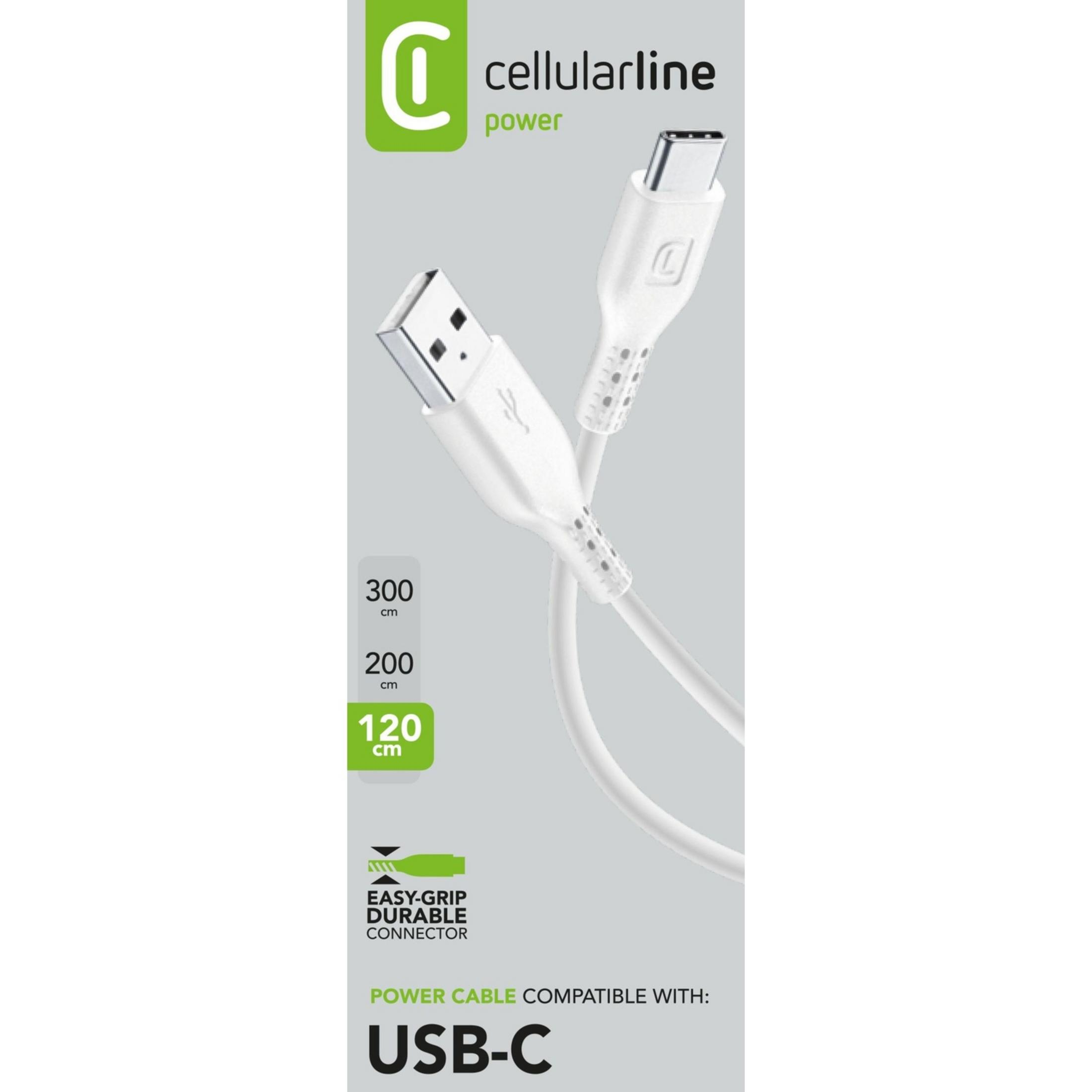 Weißes USB-C-Kabel von Cellularline mit zwei Anschlüssen, 300/200/120 cm Längenangaben.