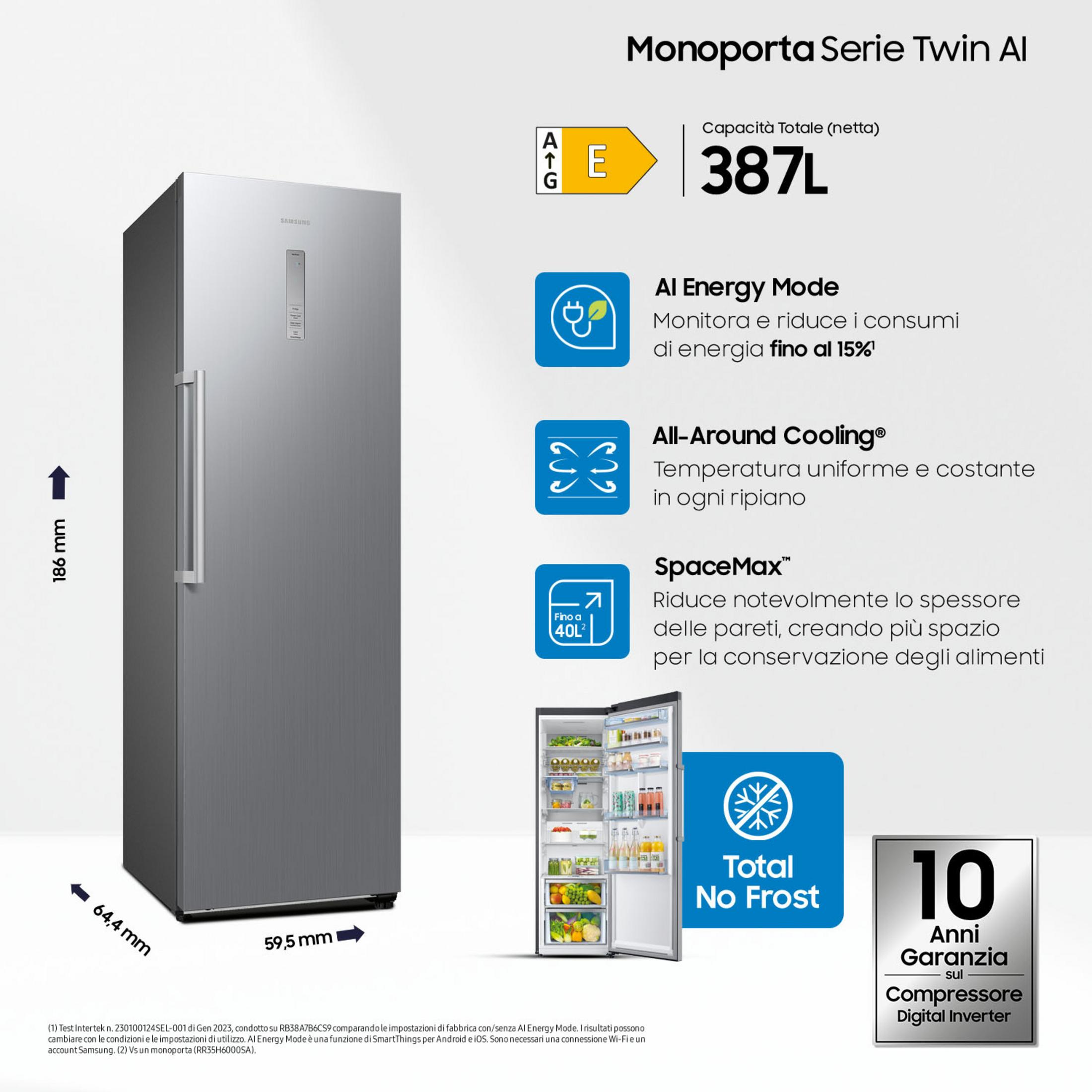 Un frigorifero Samsung argento con porte aperte, etichetta energetica e caratteristiche del prodotto.