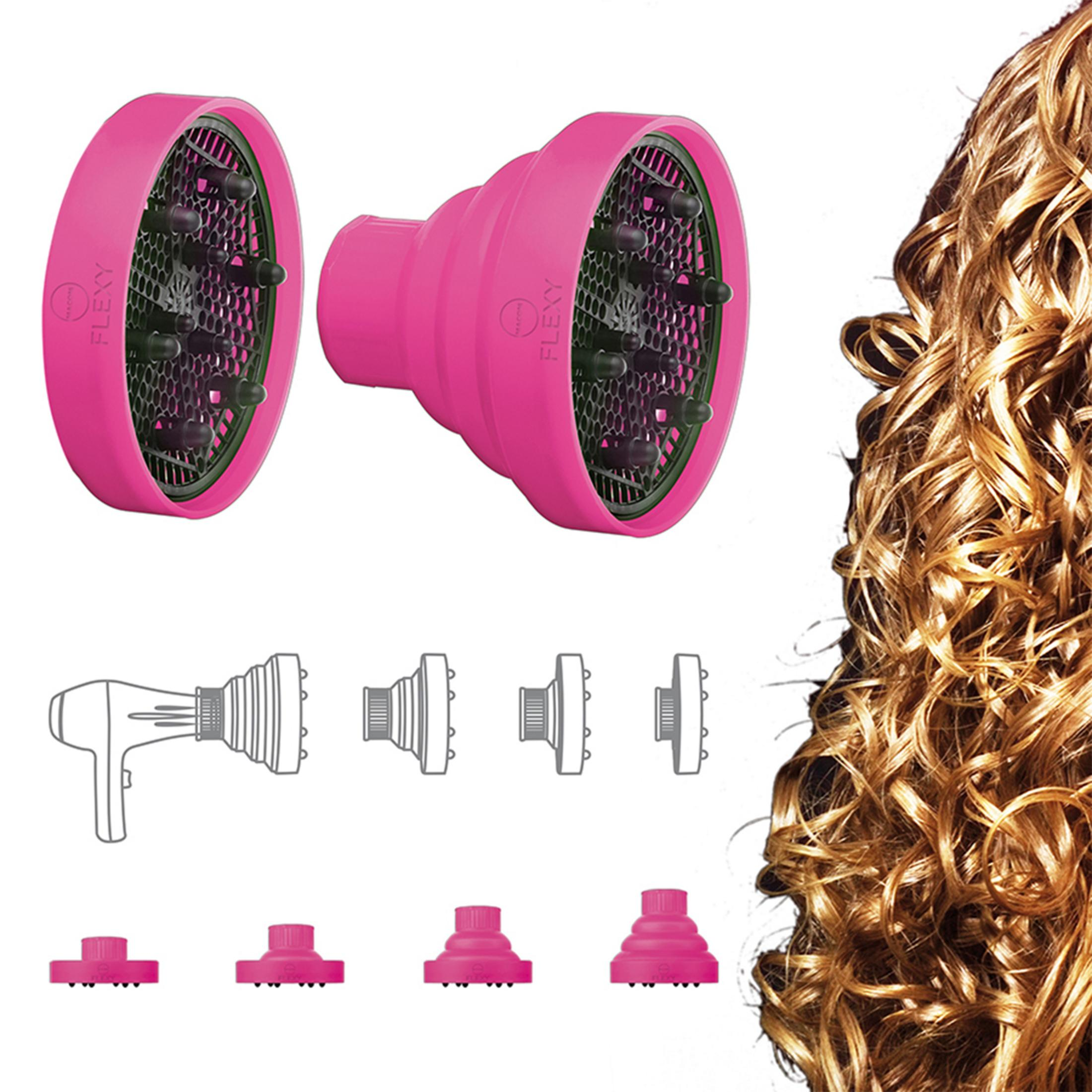Due diffusori rosa per asciugacapelli, un asciugacapelli schematico e quattro accessori bianchi.
