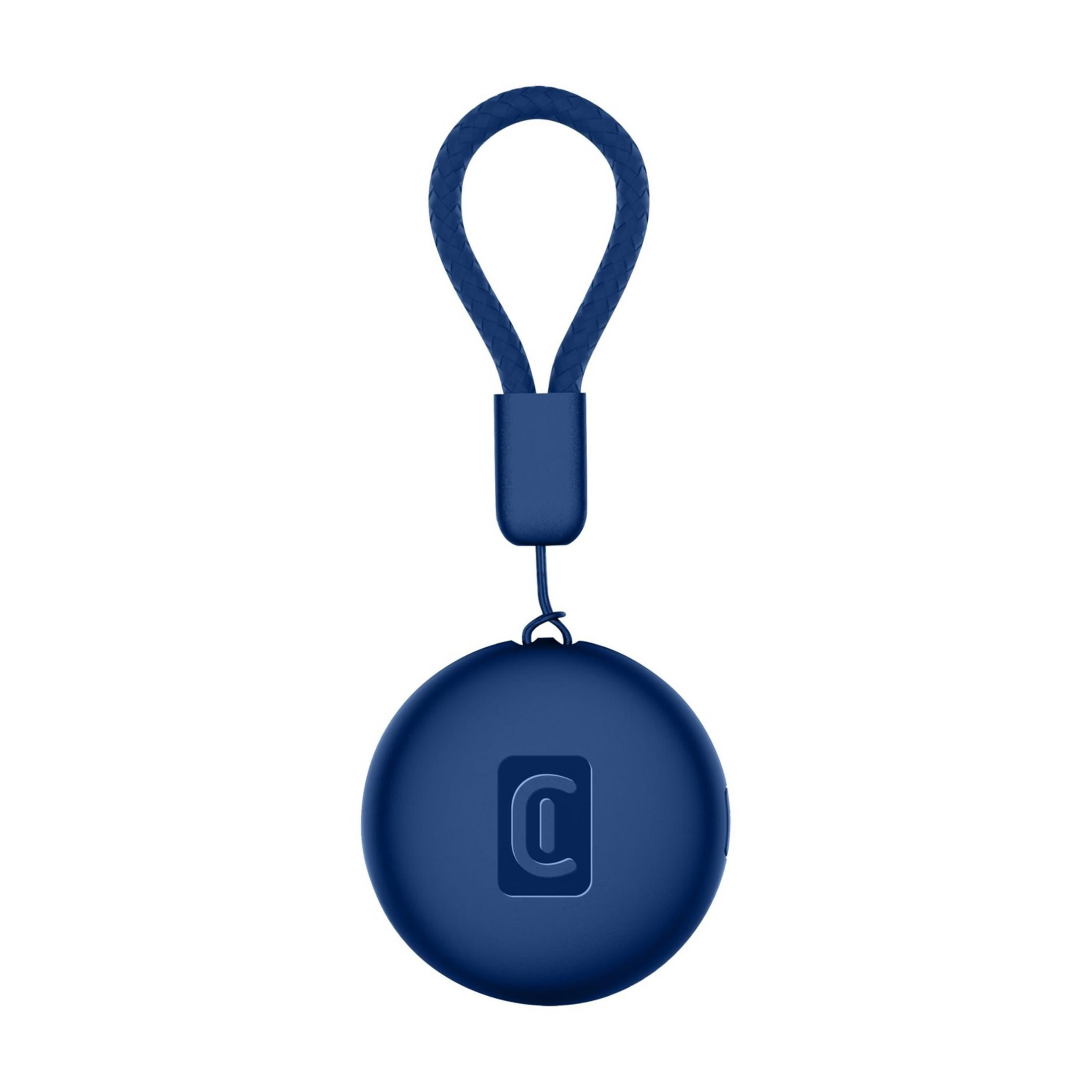 Ein runder, dunkelblauer Gegenstand mit einem geflochtenen Lanyard, der an einem kleinen Ring befestigt ist.