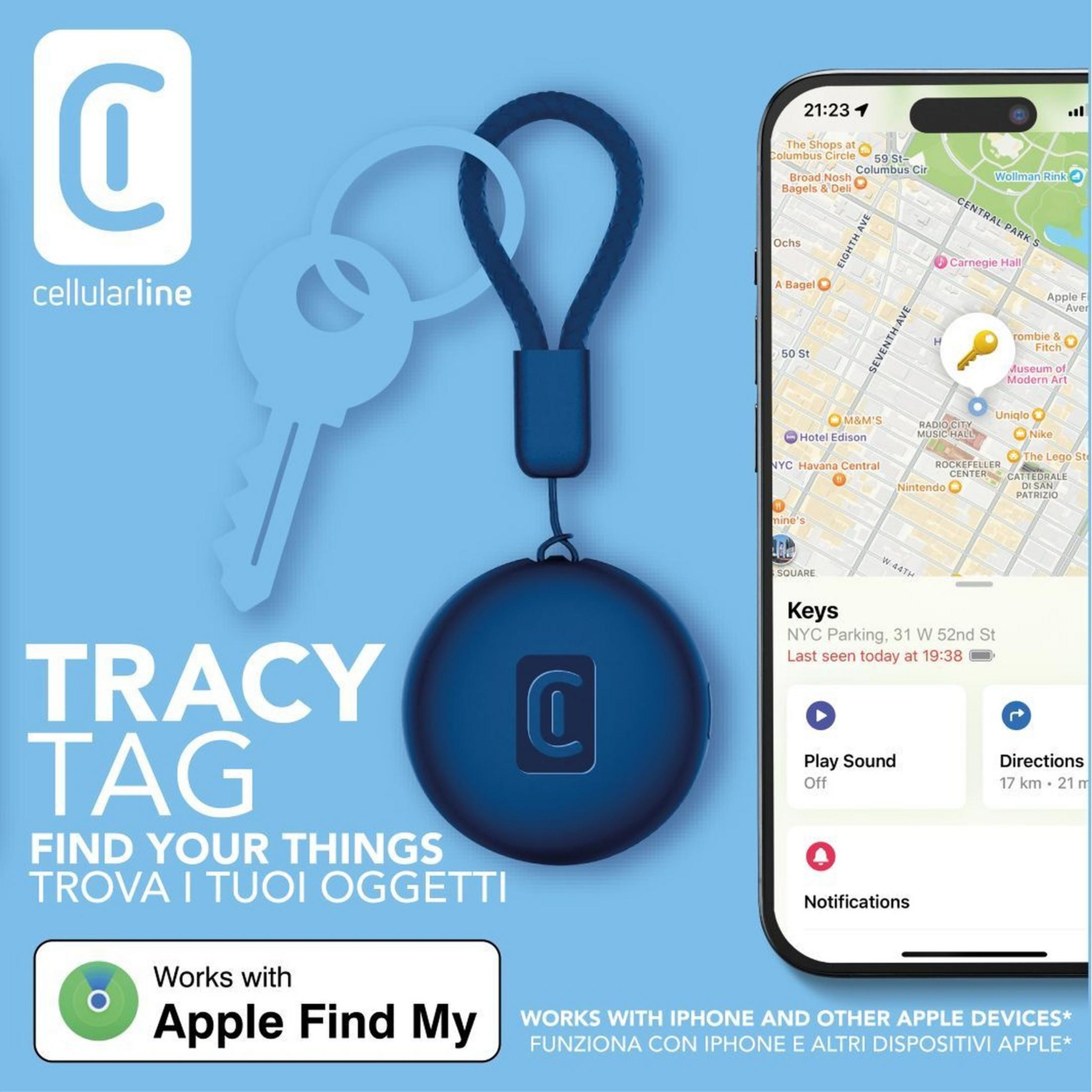 Blauer Schlüsselanhänger mit "C"-Logo und iPhone-Kartenansicht daneben.