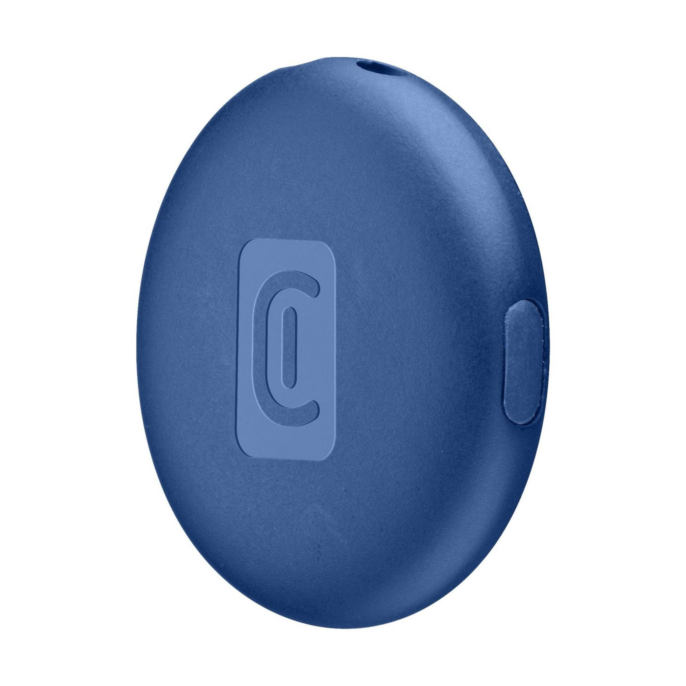 Ein blauer, ovaler Gegenstand mit einem eingelassenen Logo.