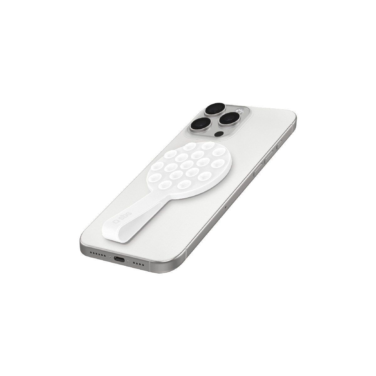 Un agarre blanco para smartphone con ventosas en la parte trasera de un iPhone plateado.