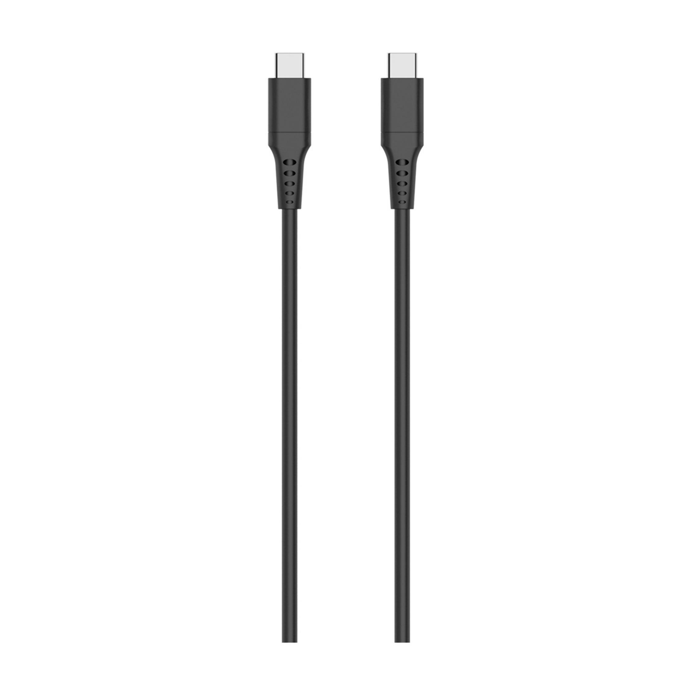 Due cavi USB-C neri su sfondo bianco.
