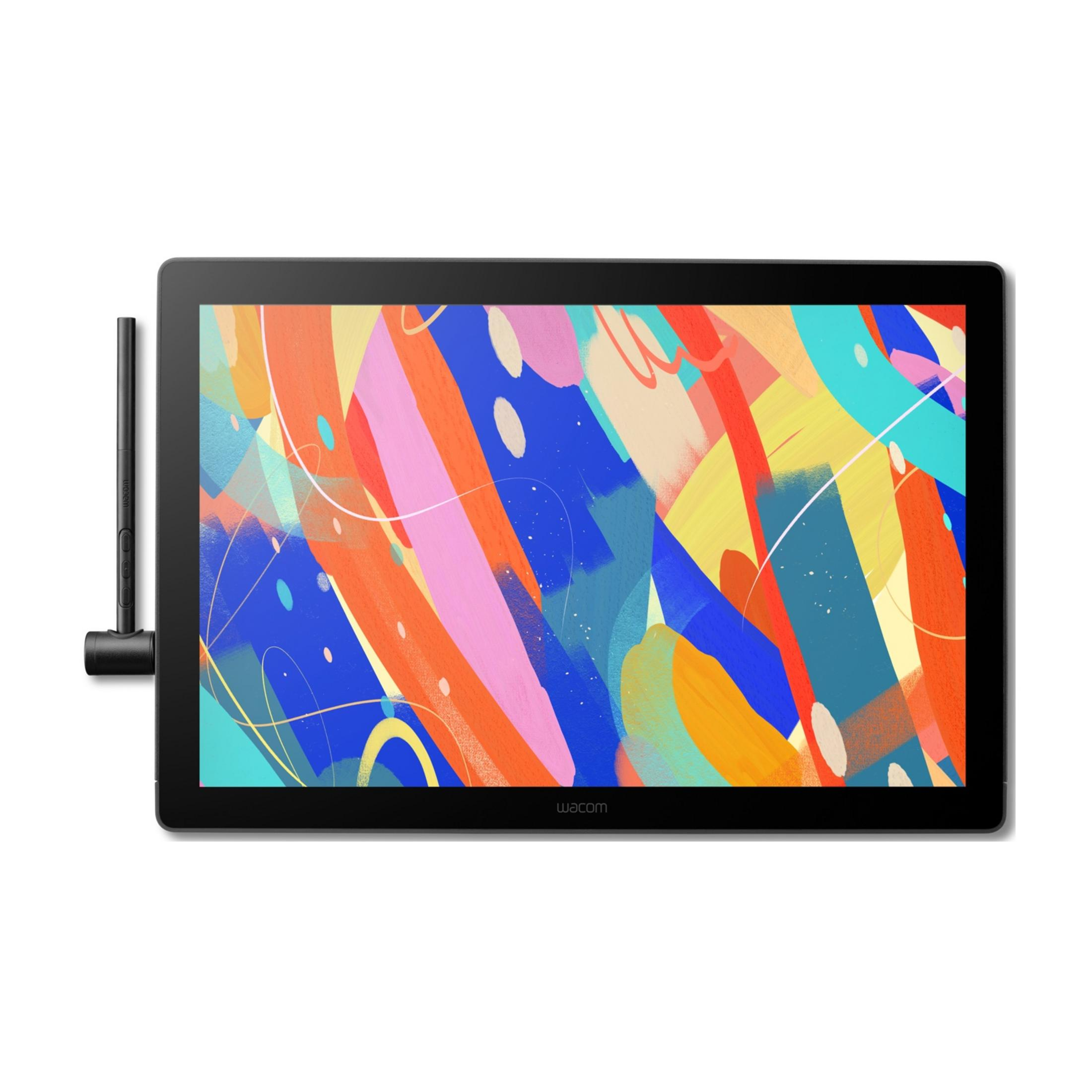 Ein schwarzer Wacom Stifttablet mit einem bunten, abstrakten Design auf dem Bildschirm.